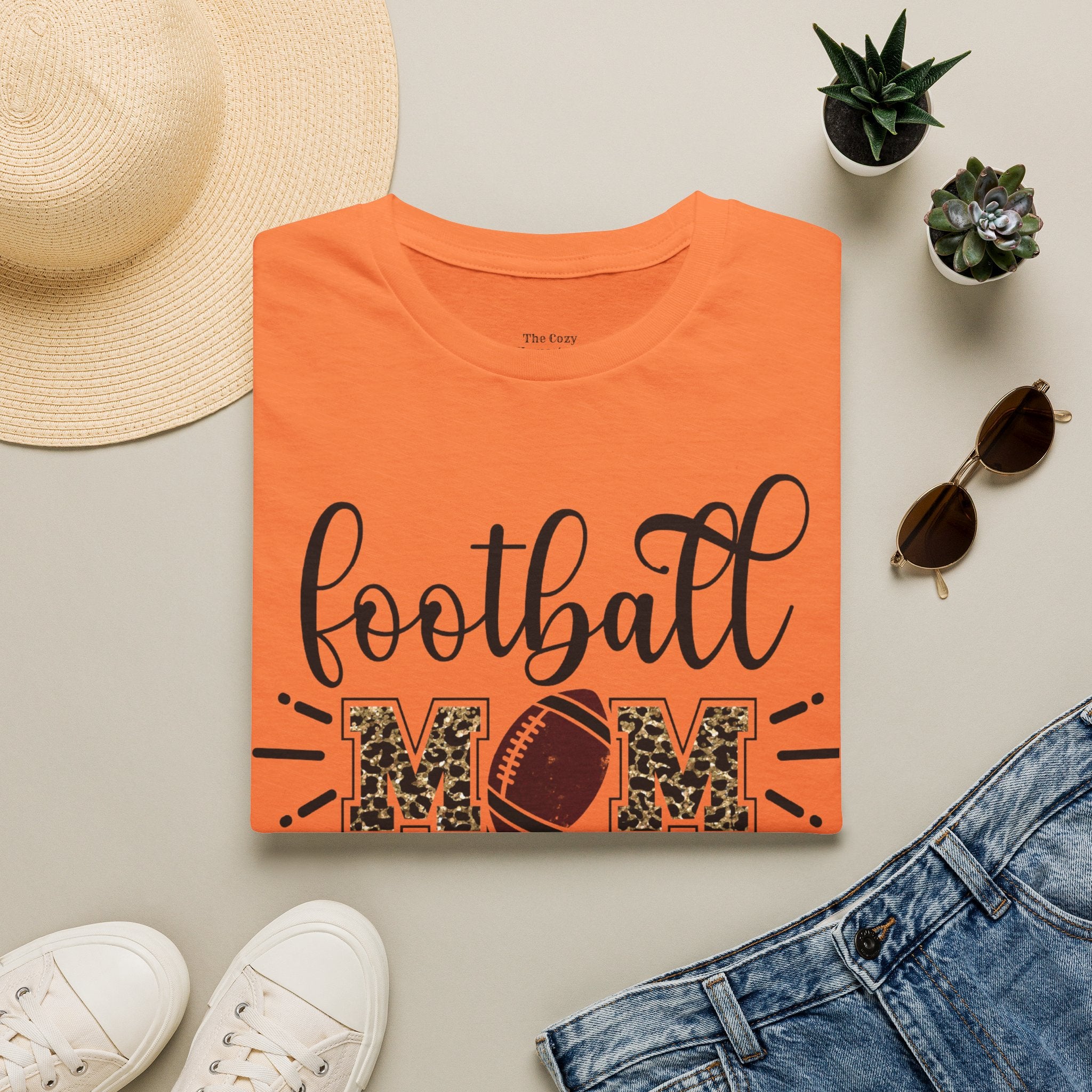 Football Mom Leopard Print Tee — Cute Script Design with Football Graphic