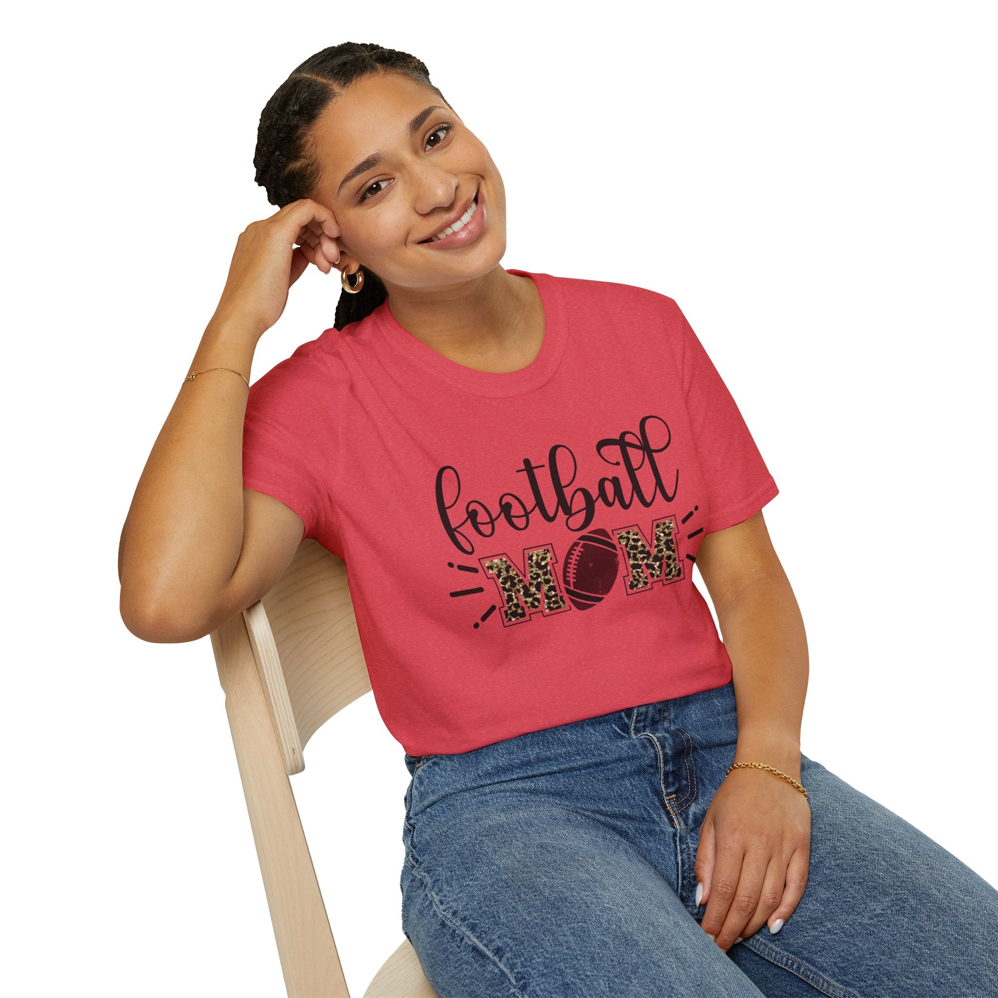 Football Mom Leopard Print Tee — Cute Script Design with Football Graphic