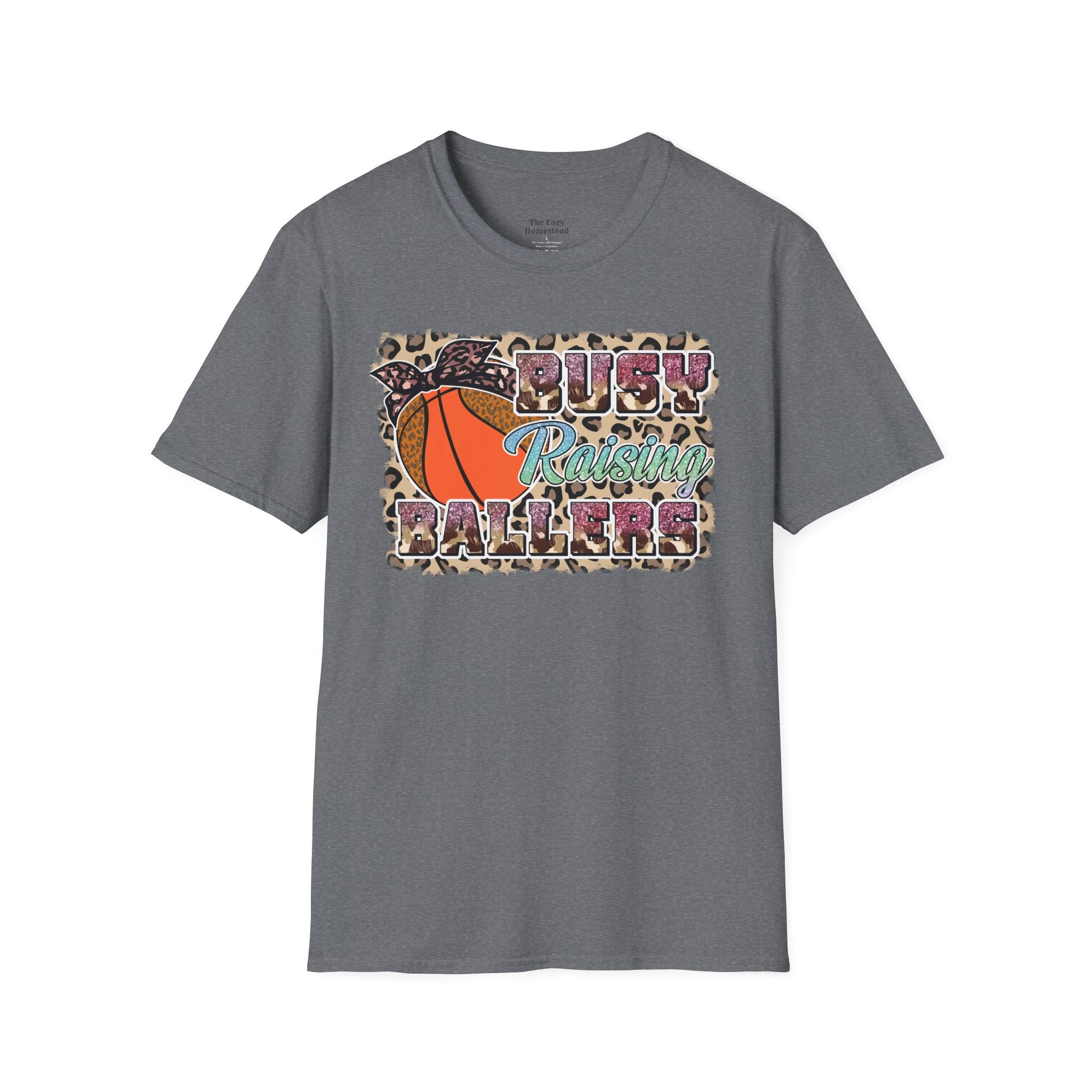 Busy Raising Ballers Basketball Mom T-Shirt — Leopard Print Hoop Design