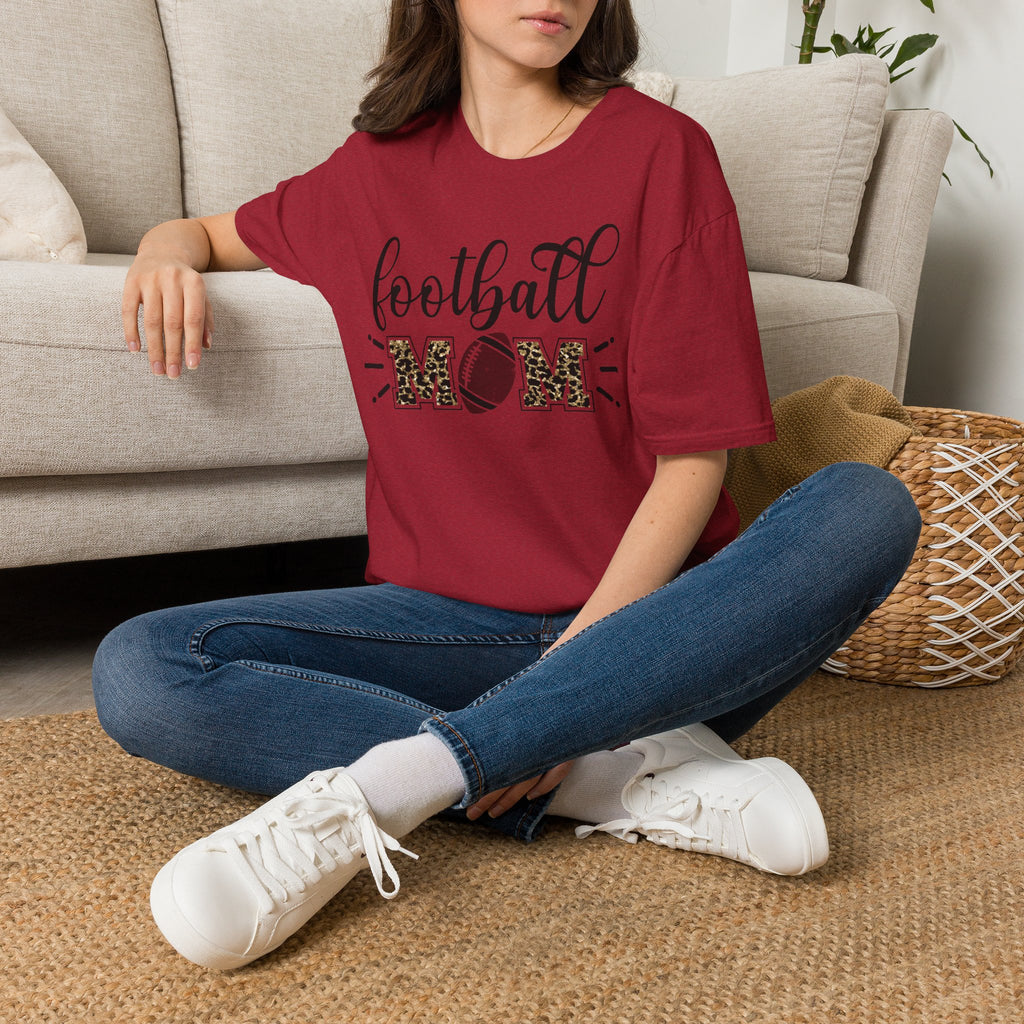 Football Mom Leopard Print Tee — Cute Script Design with Football Graphic
