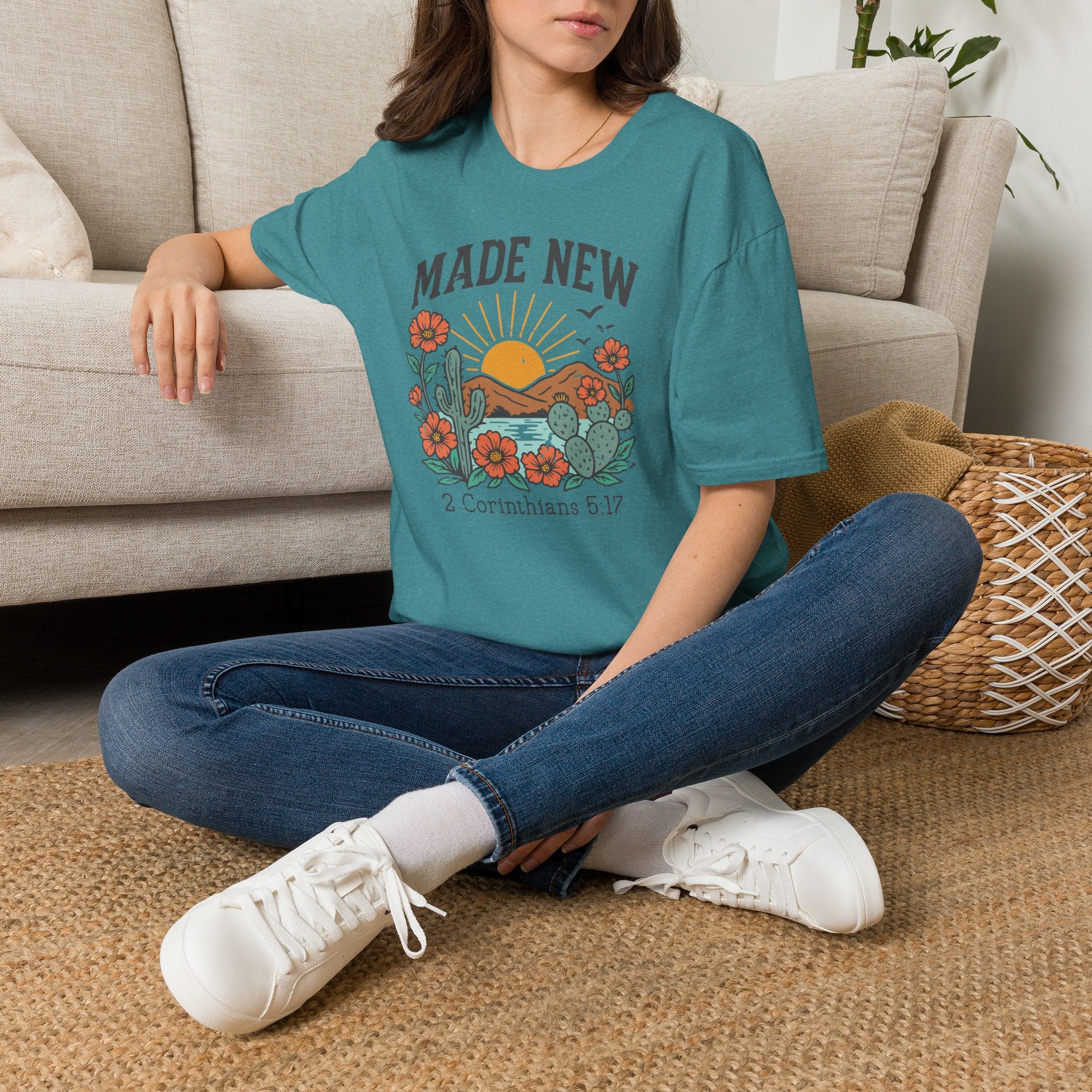 Made New T-Shirt — Vintage Desert Sunrise Christian Graphic Tee (2 Corinthians 5:17)