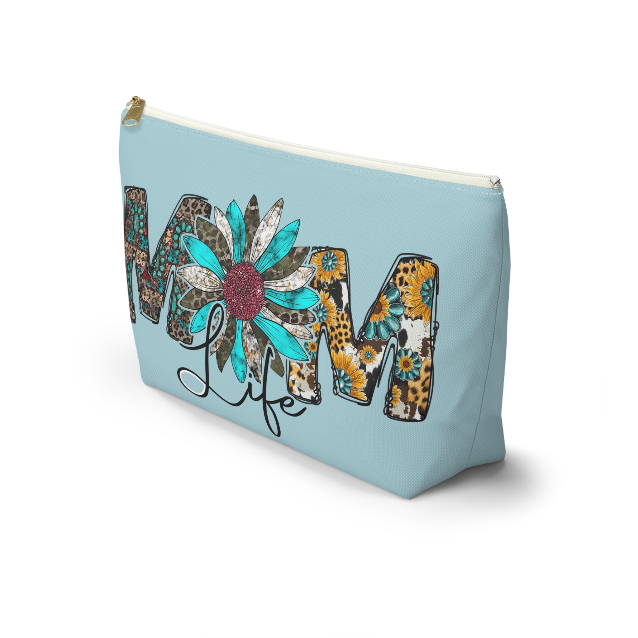 Mom Life Accessory Pouch — Floral Turquoise T‑Bottom Makeup Bag