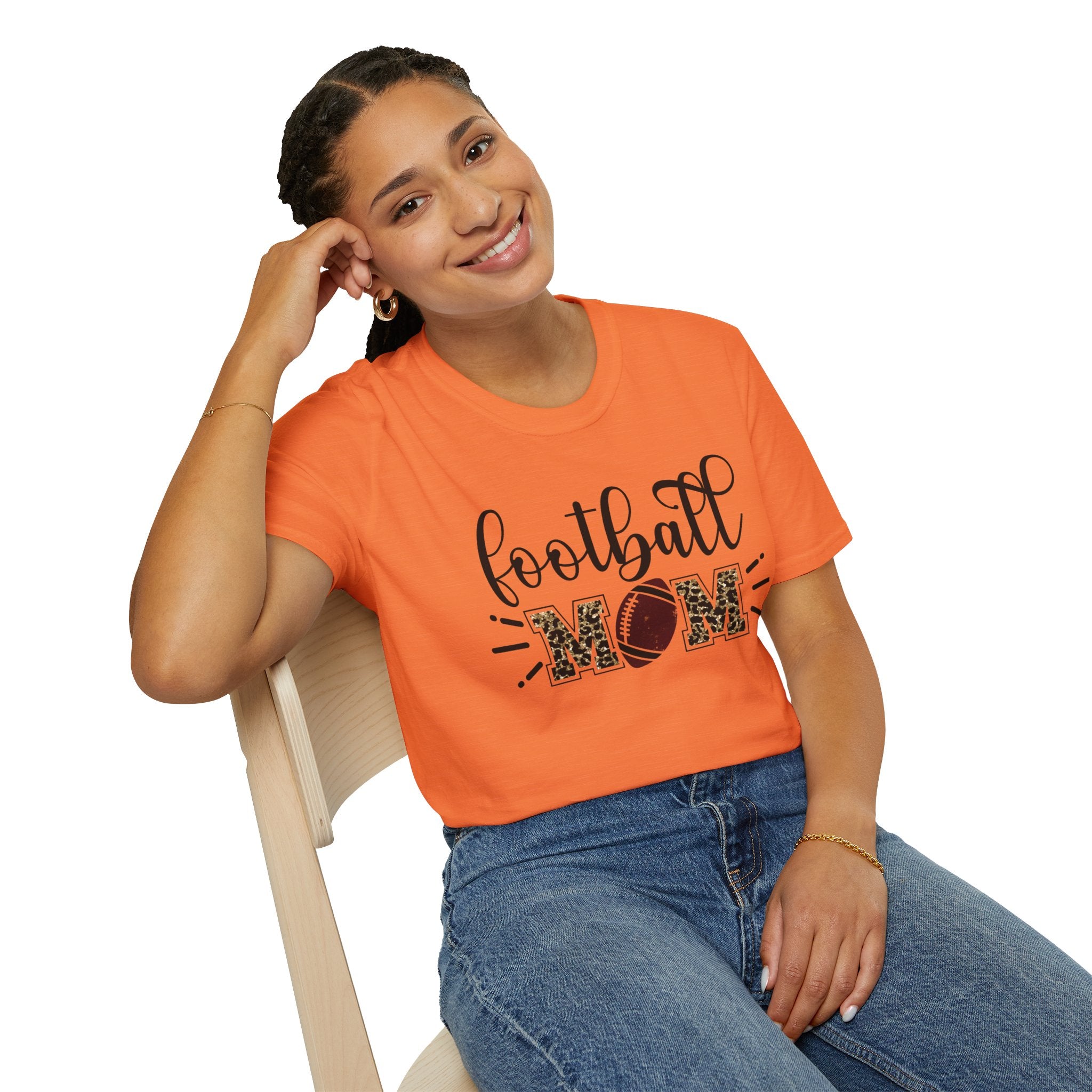 Football Mom Leopard Print Tee — Cute Script Design with Football Graphic