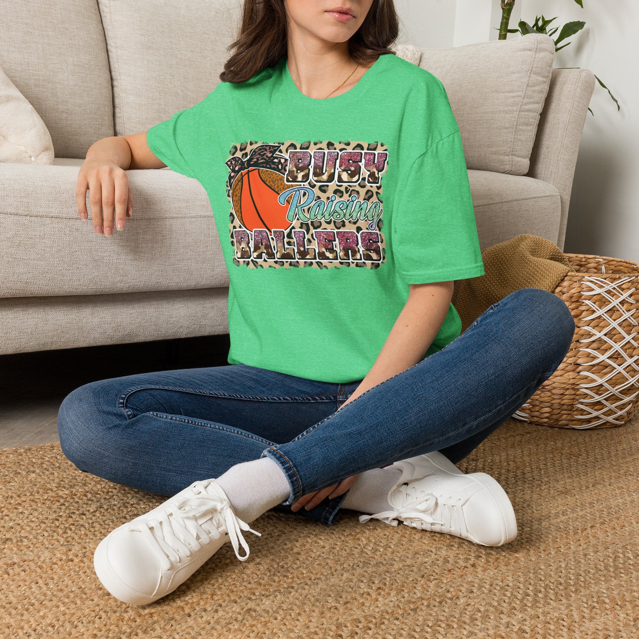 Busy Raising Ballers Basketball Mom T-Shirt — Leopard Print Hoop Design