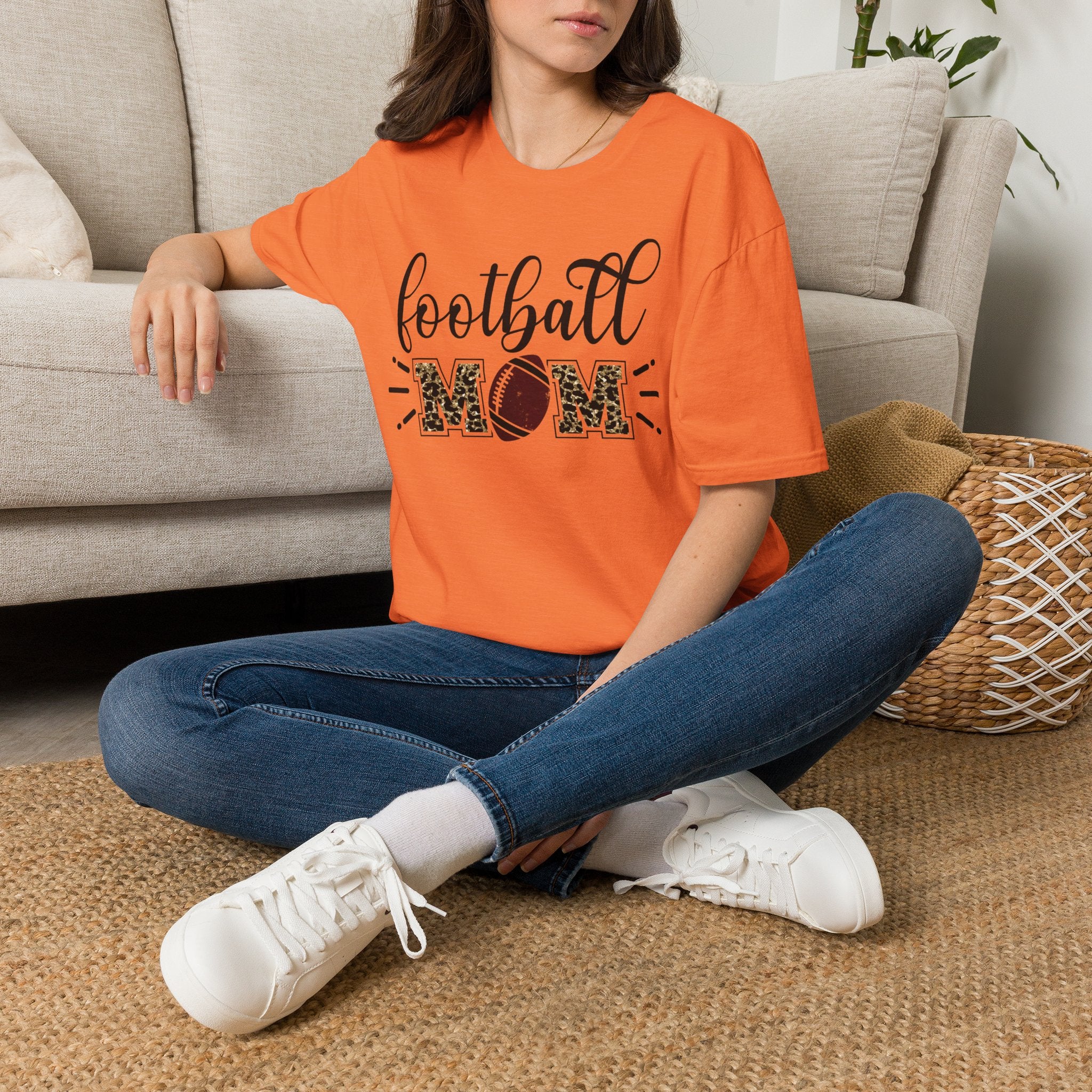 Football Mom Leopard Print Tee — Cute Script Design with Football Graphic