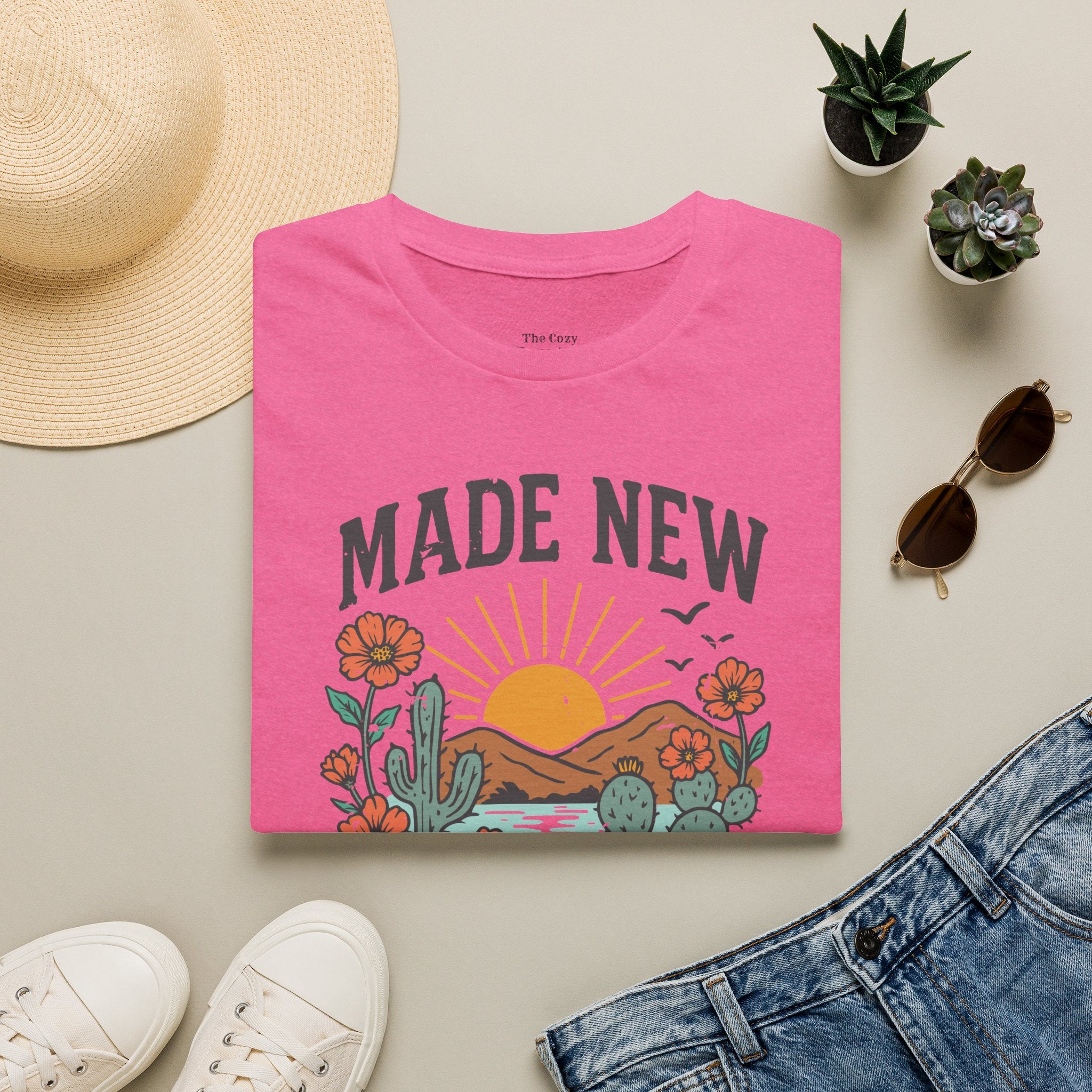 Made New T-Shirt — Vintage Desert Sunrise Christian Graphic Tee (2 Corinthians 5:17)