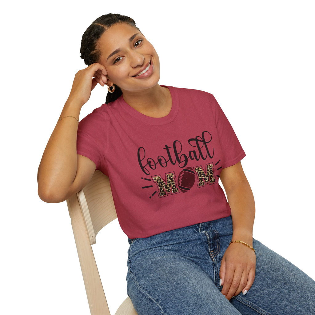 Football Mom Leopard Print Tee — Cute Script Design with Football Graphic