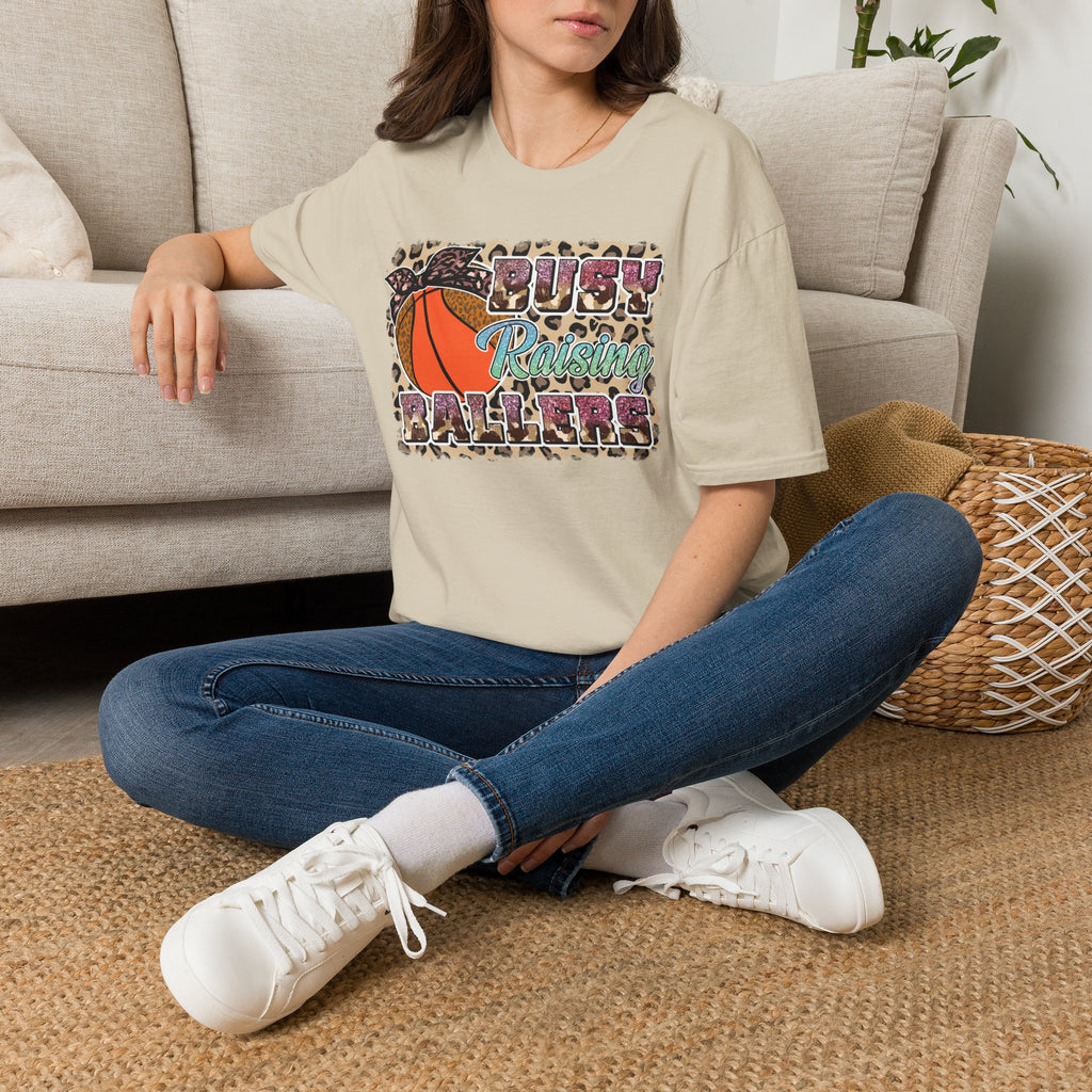 Busy Raising Ballers Basketball Mom T-Shirt — Leopard Print Hoop Design