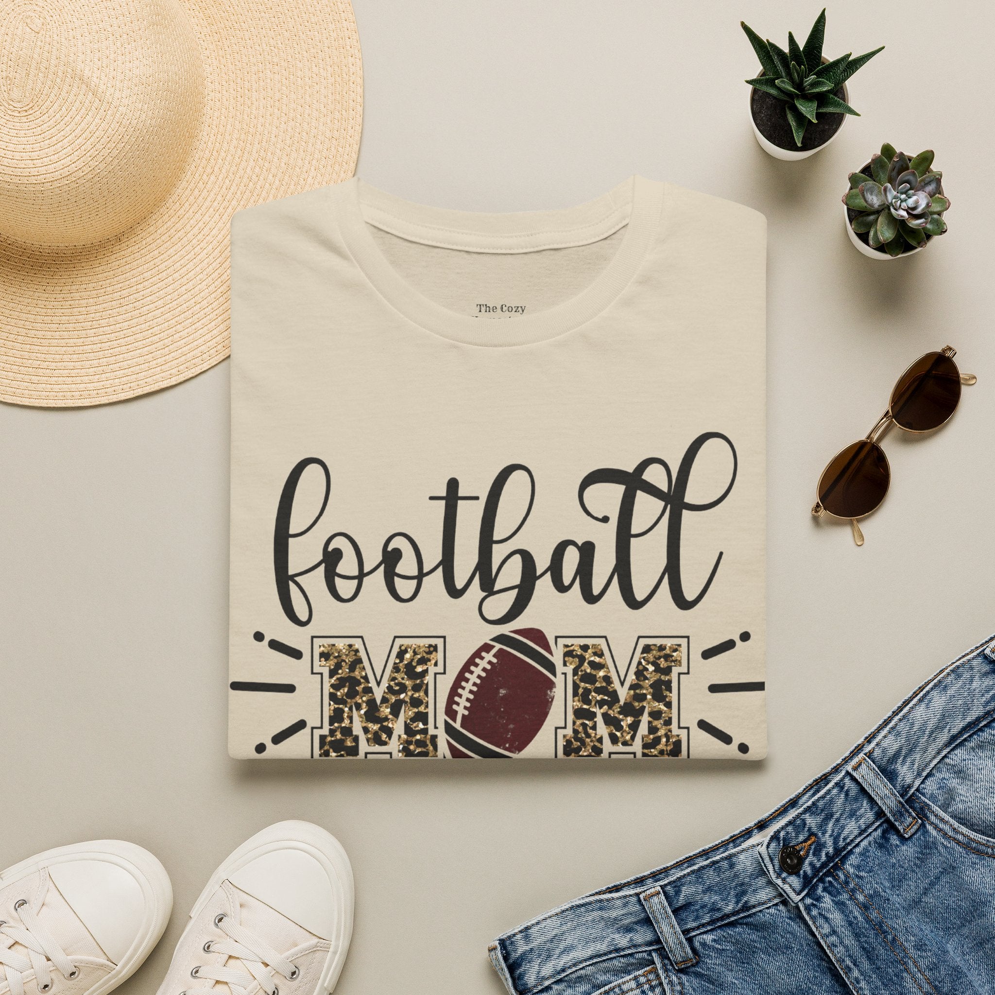 Football Mom Leopard Print Tee — Cute Script Design with Football Graphic