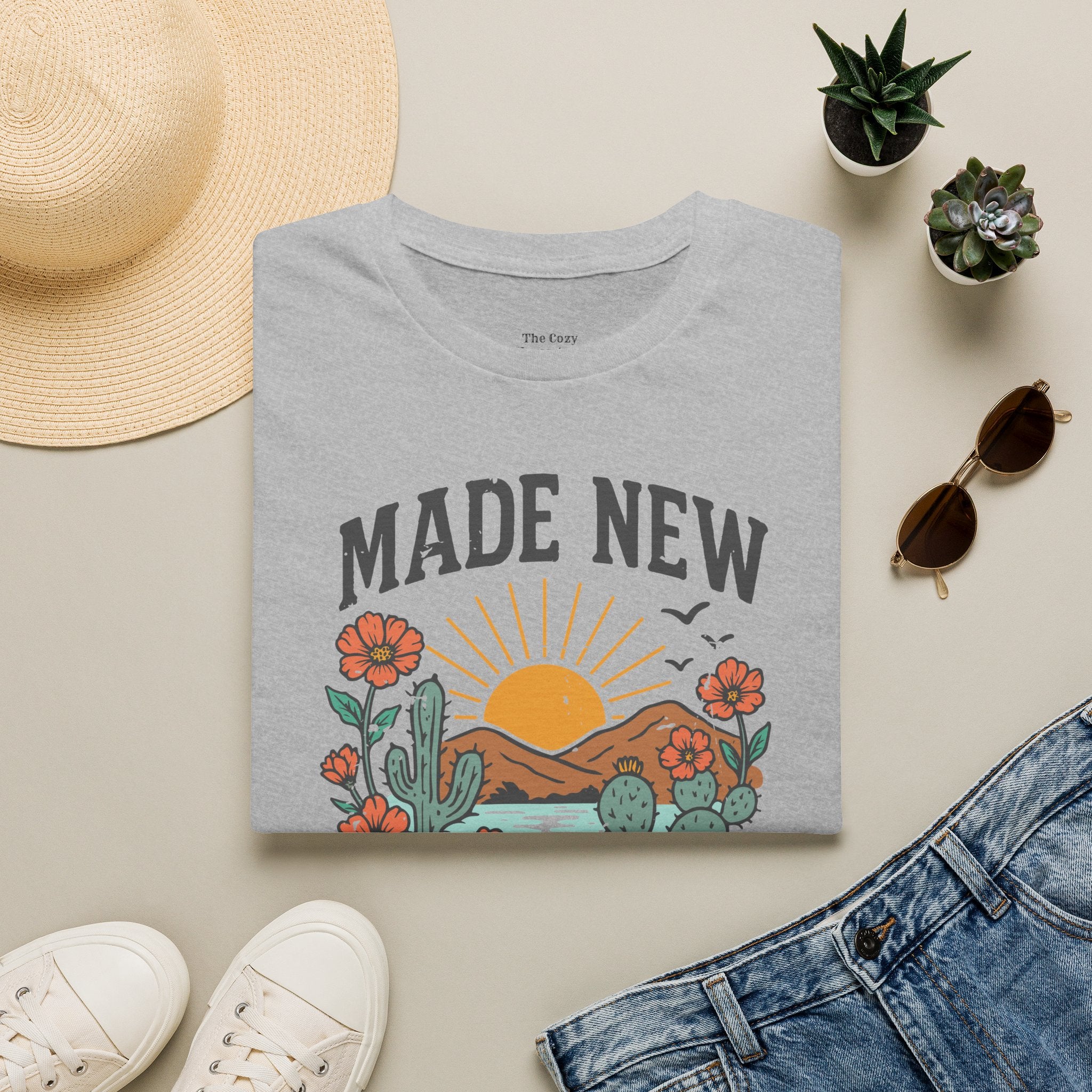 Made New T-Shirt — Vintage Desert Sunrise Christian Graphic Tee (2 Corinthians 5:17)