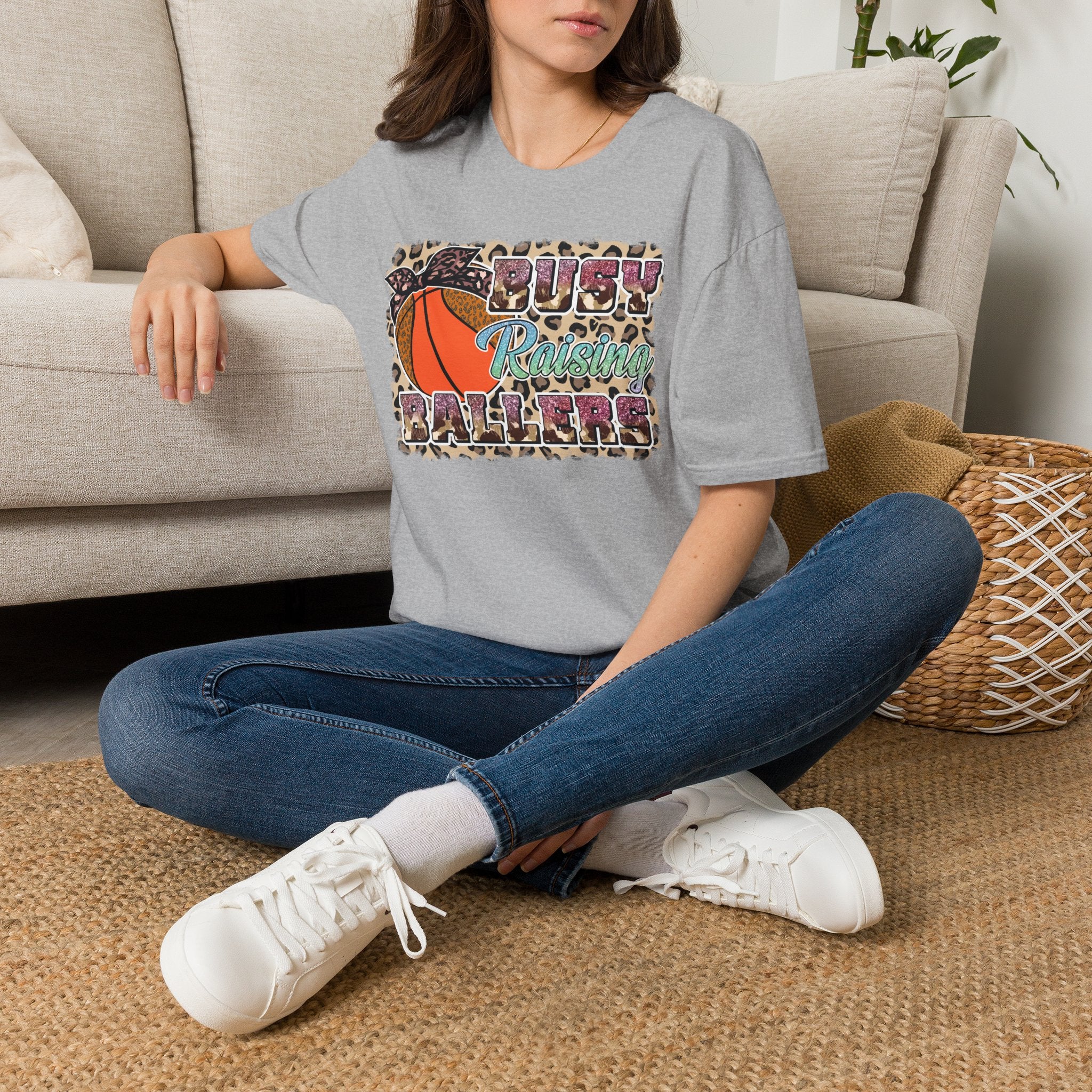Busy Raising Ballers Basketball Mom T-Shirt — Leopard Print Hoop Design