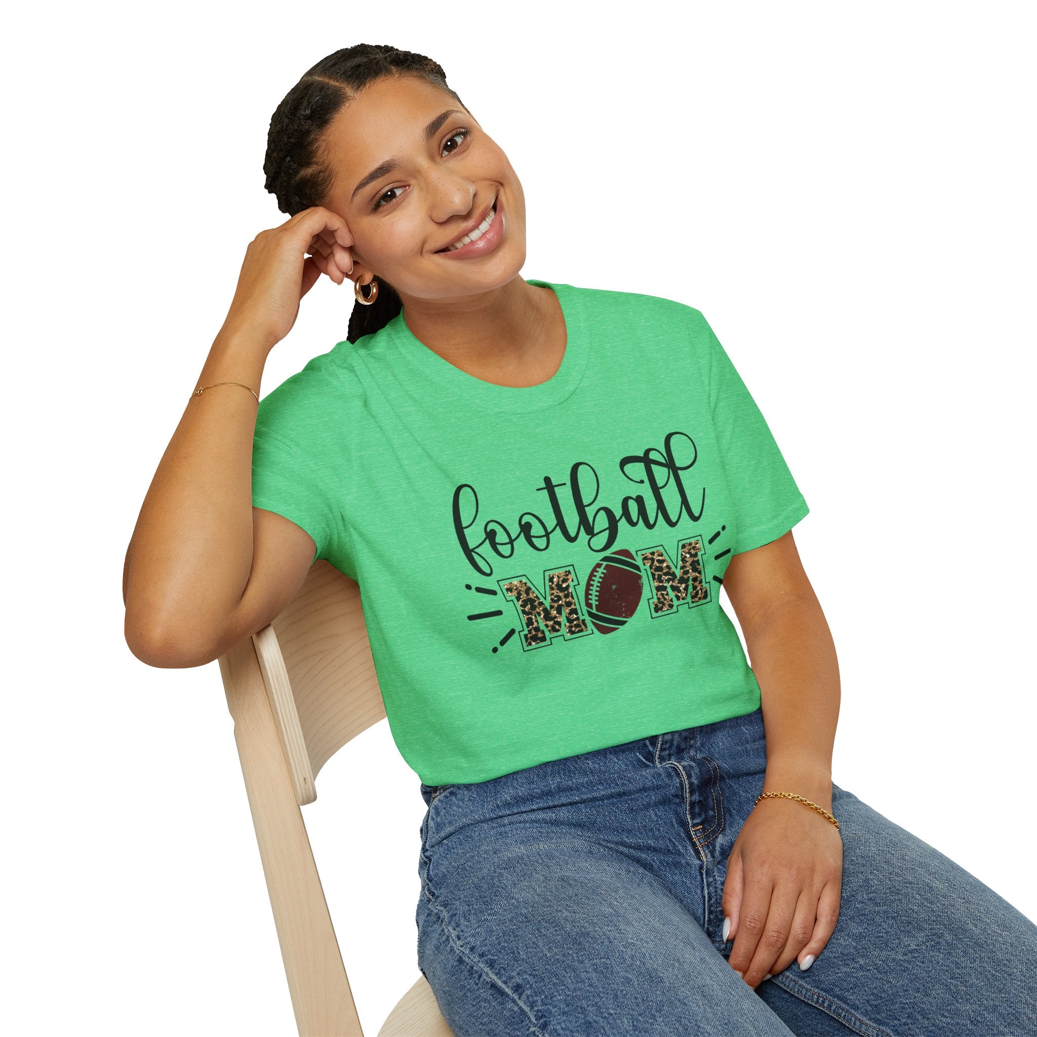 Football Mom Leopard Print Tee — Cute Script Design with Football Graphic