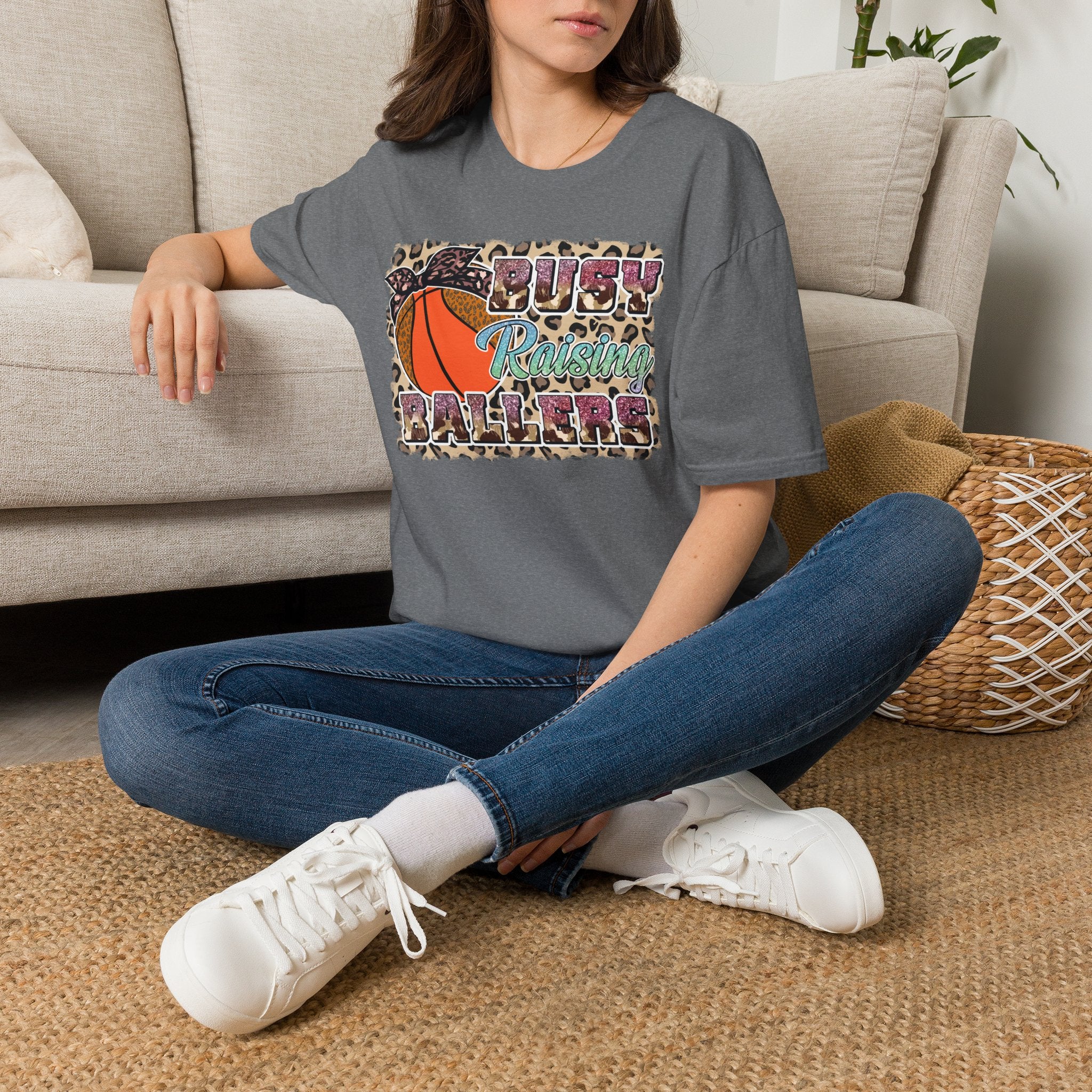 Busy Raising Ballers Basketball Mom T-Shirt — Leopard Print Hoop Design