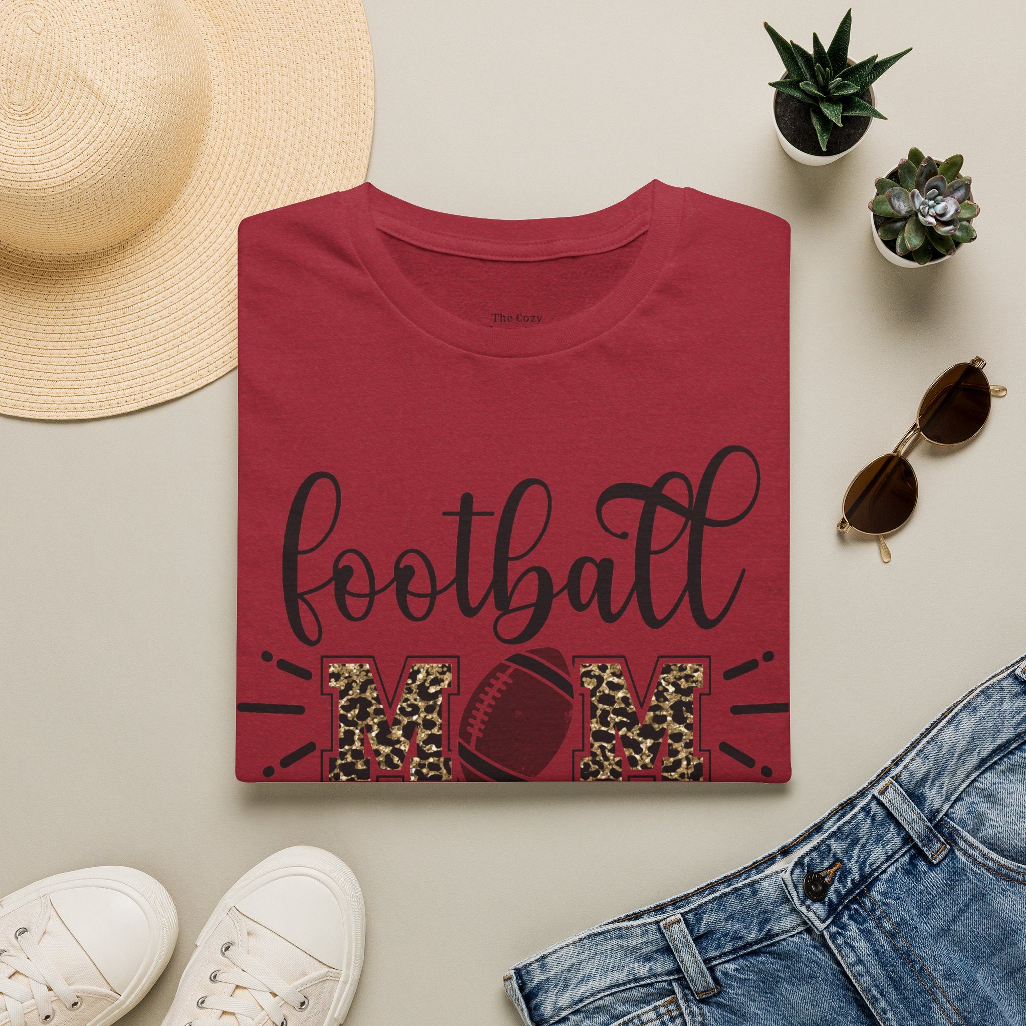 Football Mom Leopard Print Tee — Cute Script Design with Football Graphic