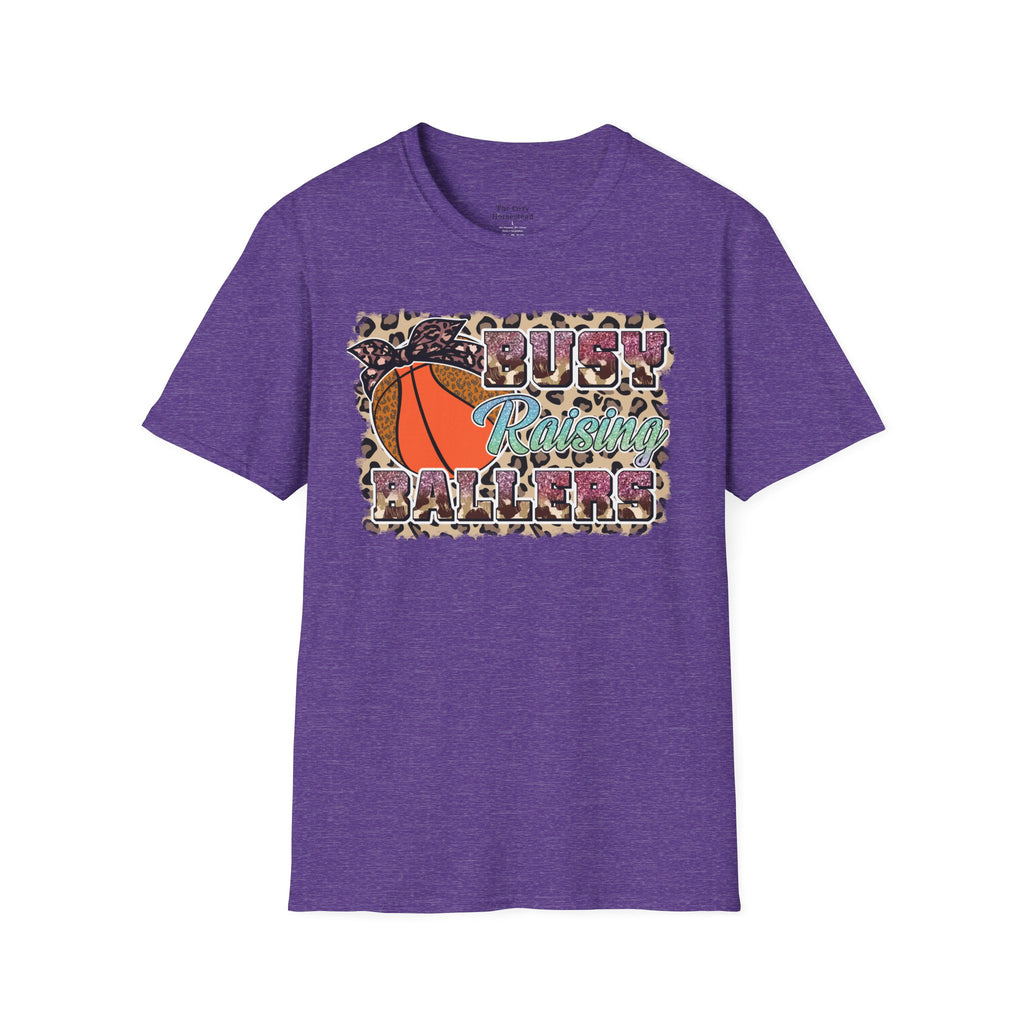 Busy Raising Ballers Basketball Mom T-Shirt — Leopard Print Hoop Design