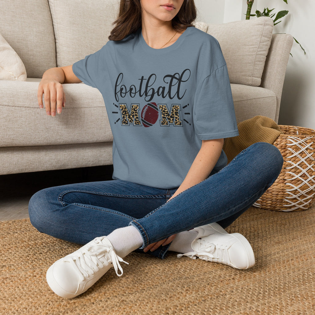 Football Mom Leopard Print Tee — Cute Script Design with Football Graphic