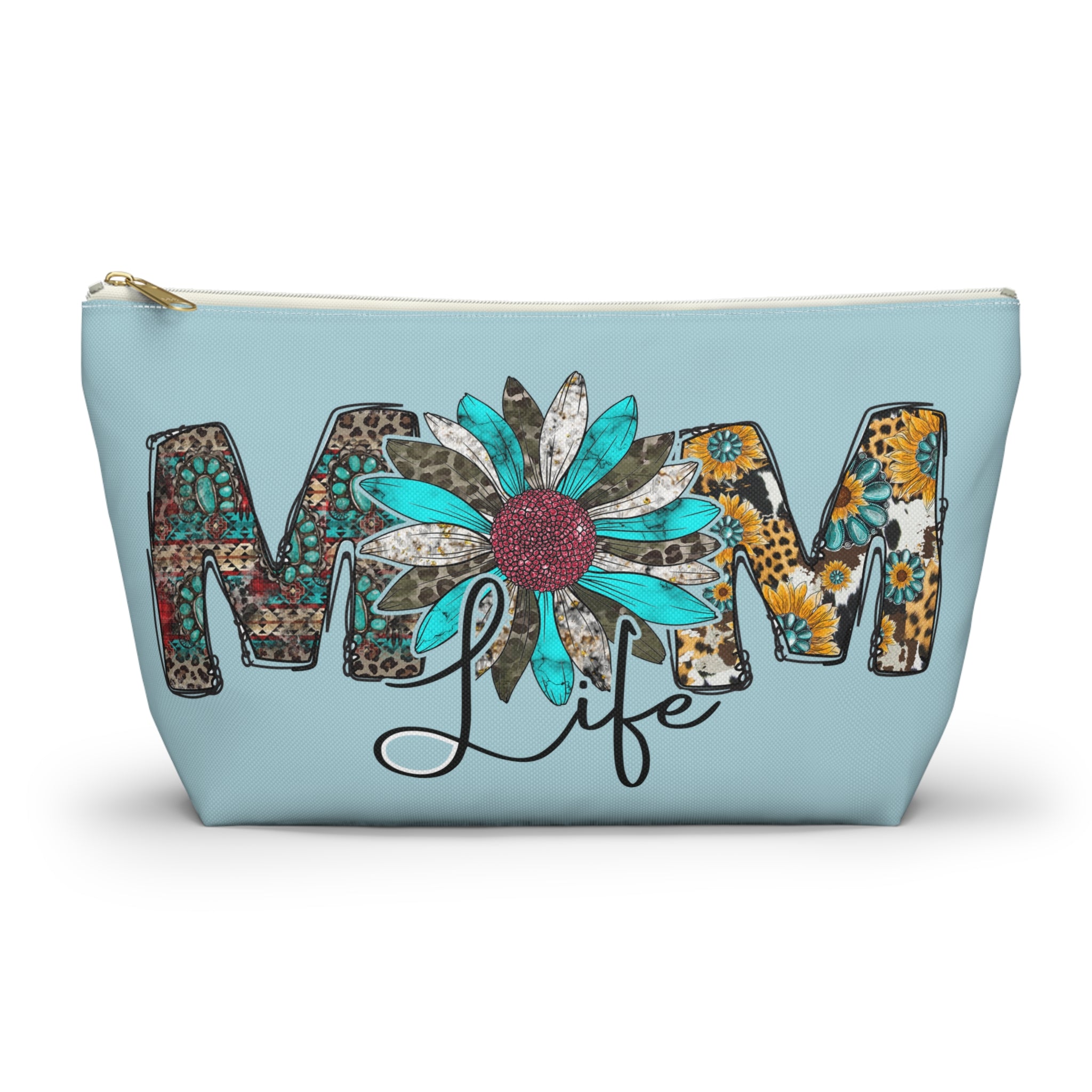 Mom Life Accessory Pouch — Floral Turquoise T‑Bottom Makeup Bag