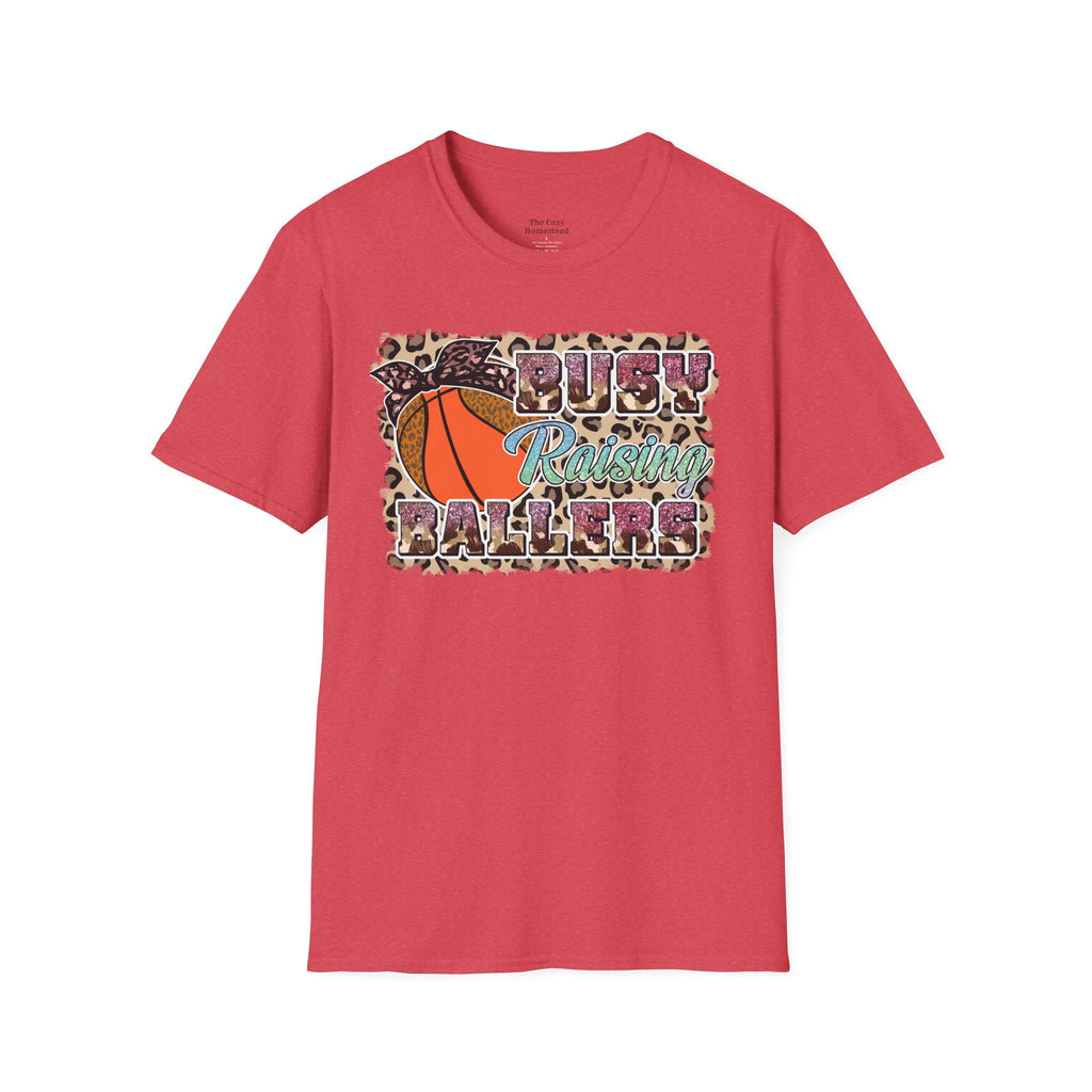 Busy Raising Ballers Basketball Mom T-Shirt — Leopard Print Hoop Design