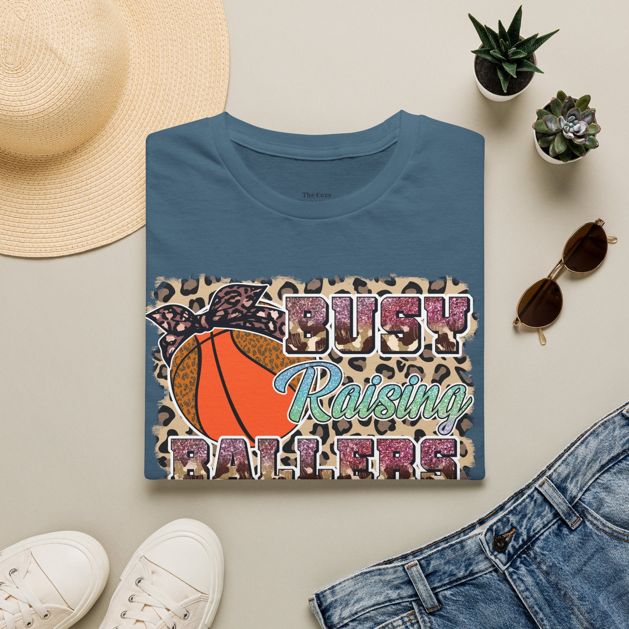 Busy Raising Ballers Basketball Mom T-Shirt — Leopard Print Hoop Design