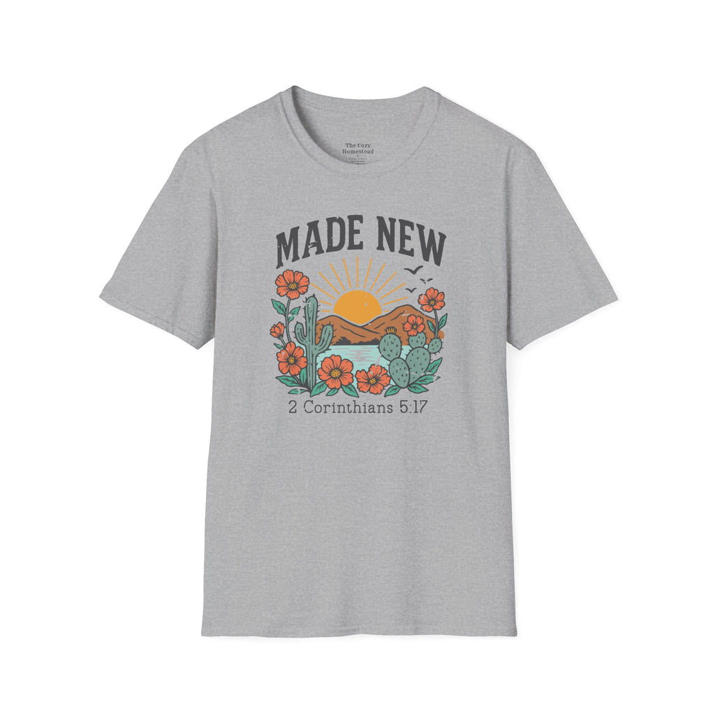 Made New T-Shirt — Vintage Desert Sunrise Christian Graphic Tee (2 Corinthians 5:17)
