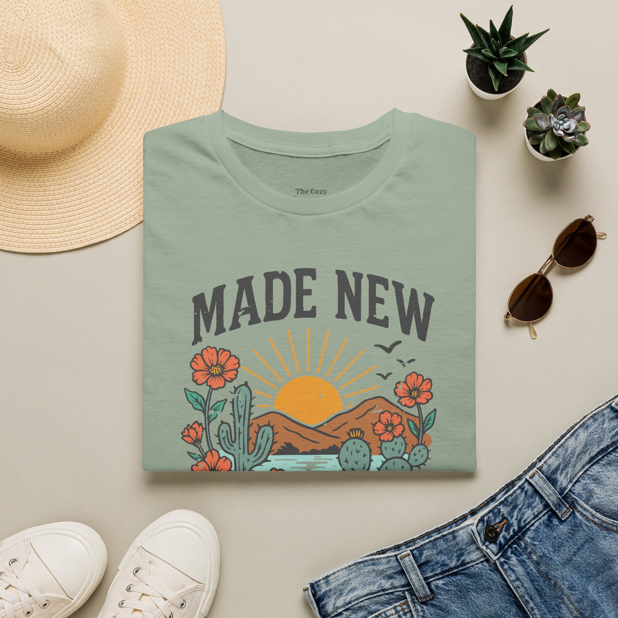 Made New T-Shirt — Vintage Desert Sunrise Christian Graphic Tee (2 Corinthians 5:17)