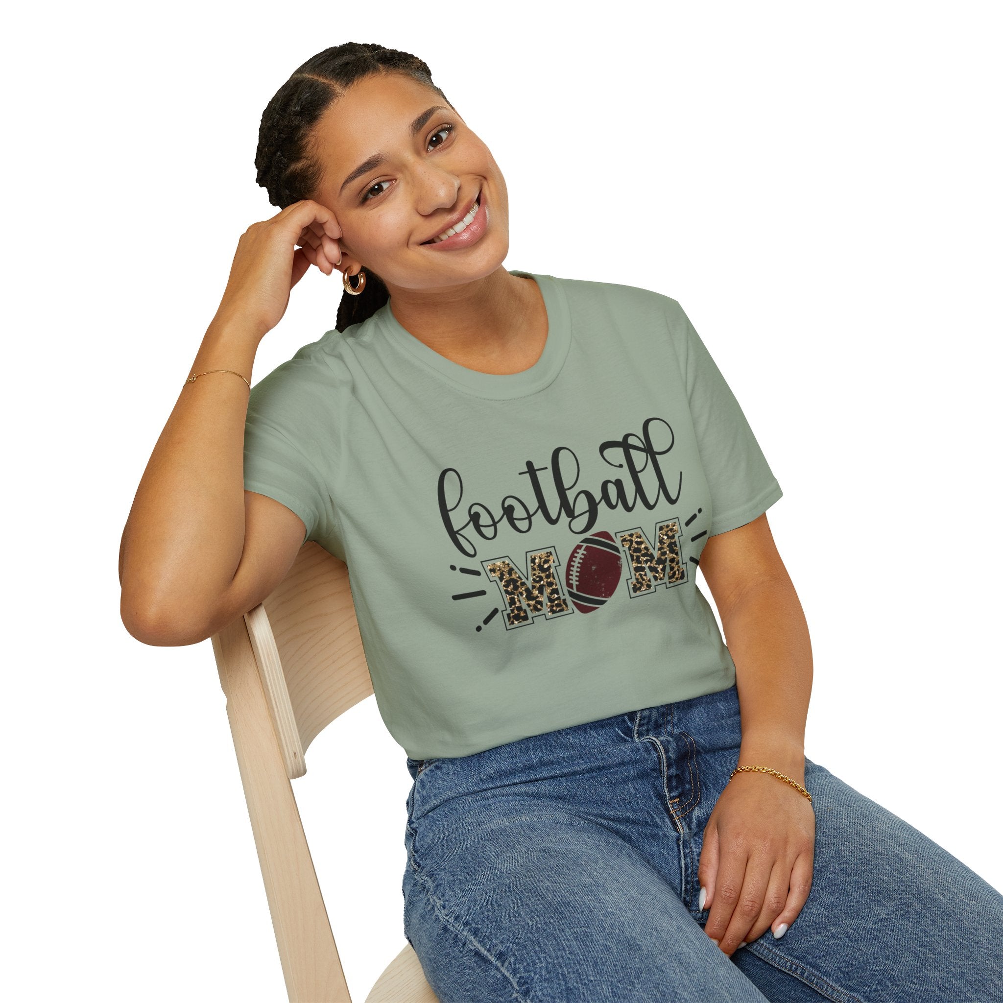 Football Mom Leopard Print Tee — Cute Script Design with Football Graphic