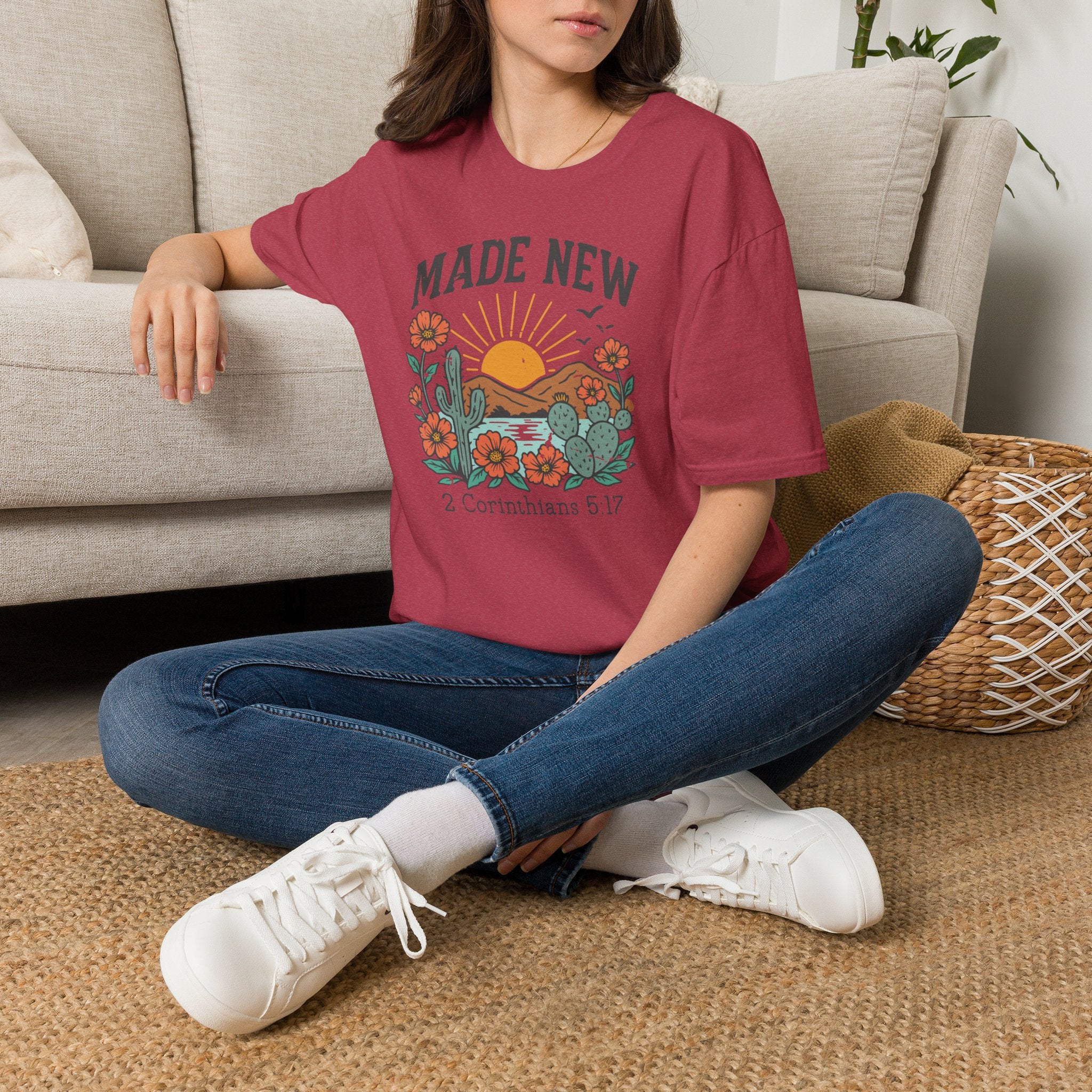Made New T-Shirt — Vintage Desert Sunrise Christian Graphic Tee (2 Corinthians 5:17)