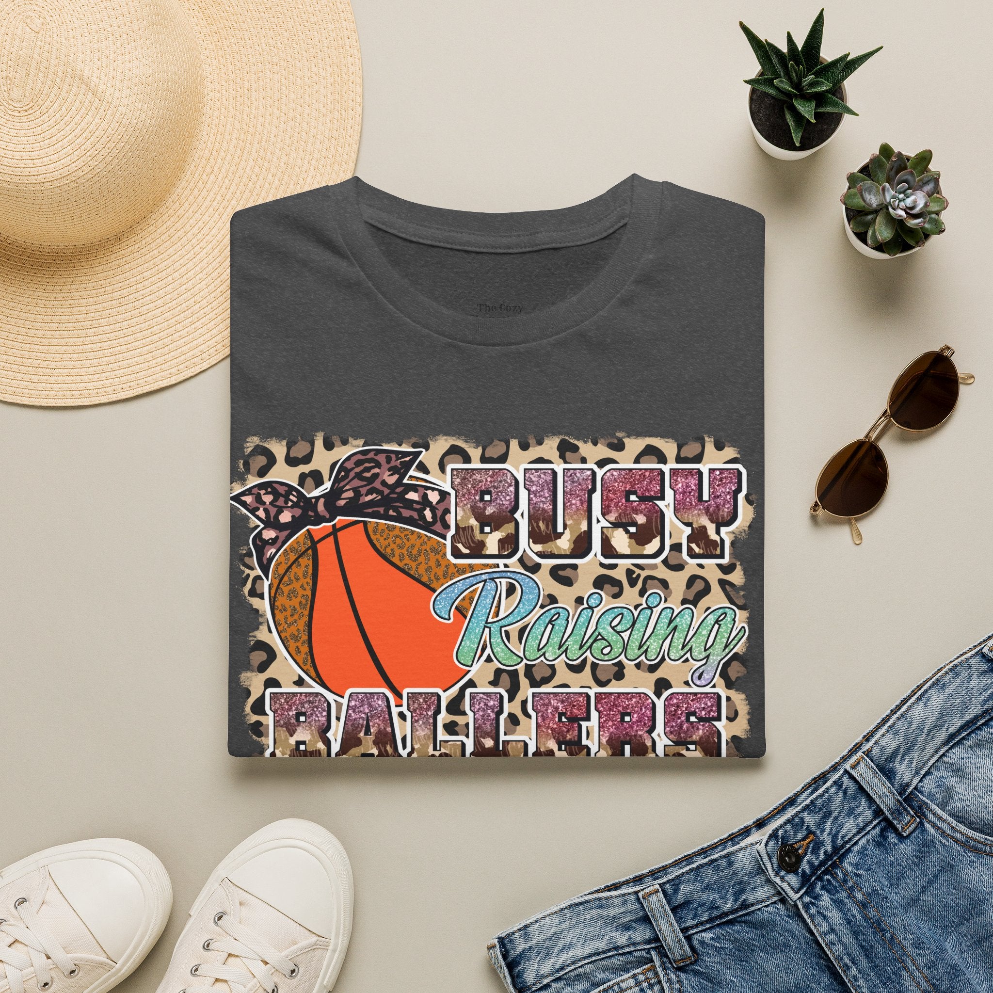 Busy Raising Ballers Basketball Mom T-Shirt — Leopard Print Hoop Design