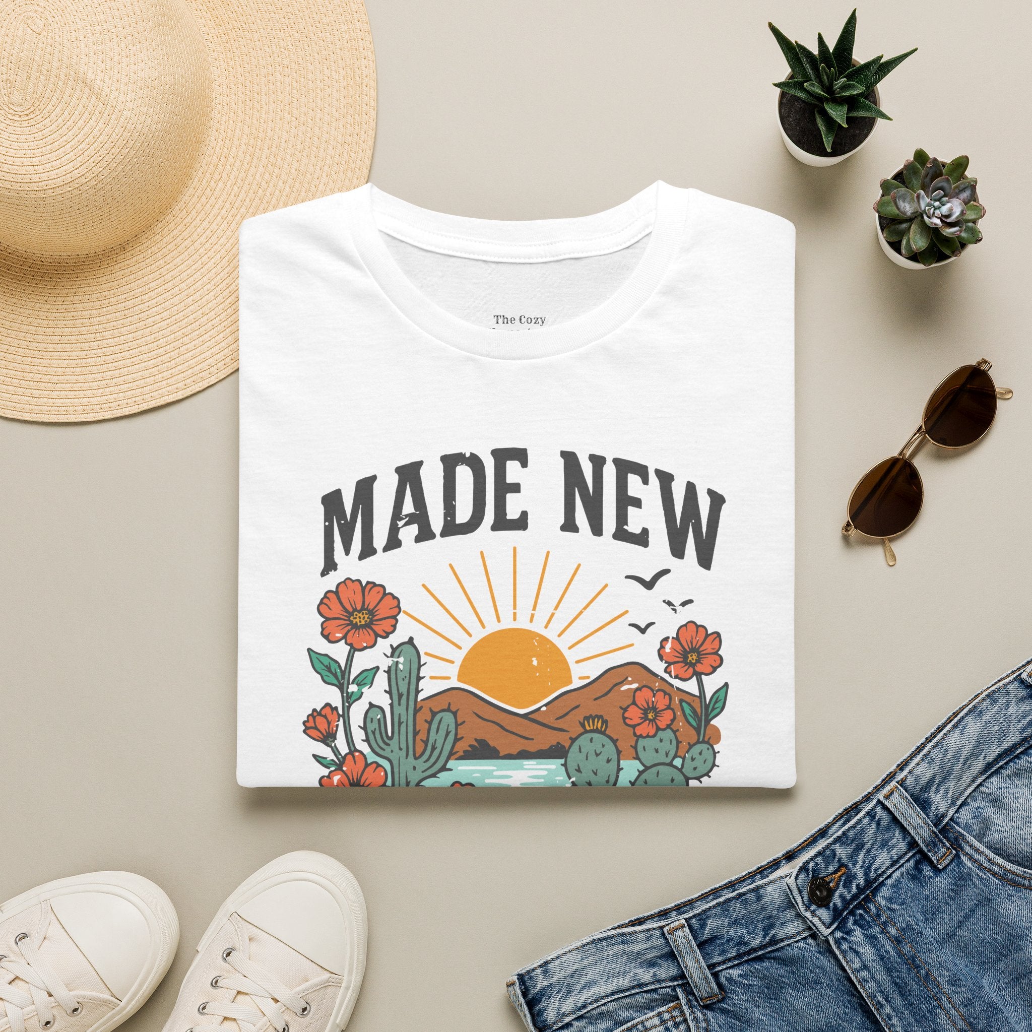 Made New T-Shirt — Vintage Desert Sunrise Christian Graphic Tee (2 Corinthians 5:17)