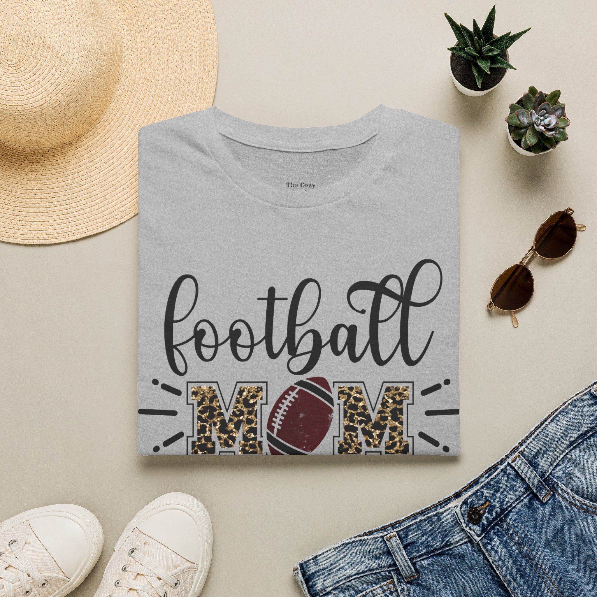 Football Mom Leopard Print Tee — Cute Script Design with Football Graphic
