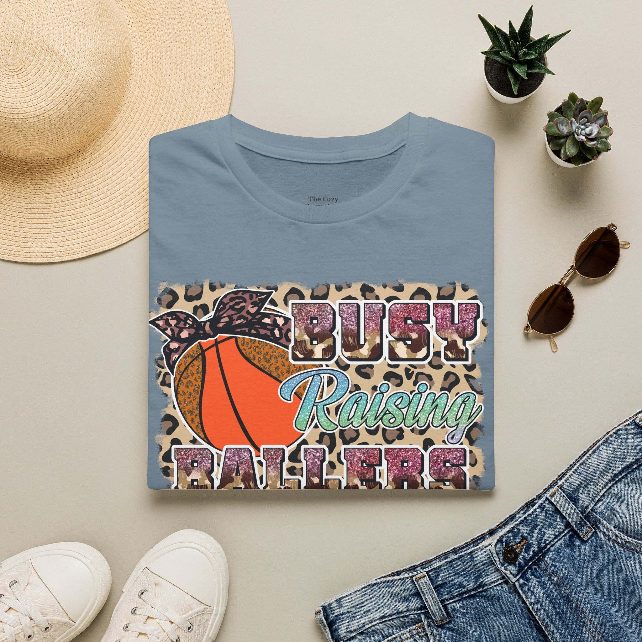 Busy Raising Ballers Basketball Mom T-Shirt — Leopard Print Hoop Design