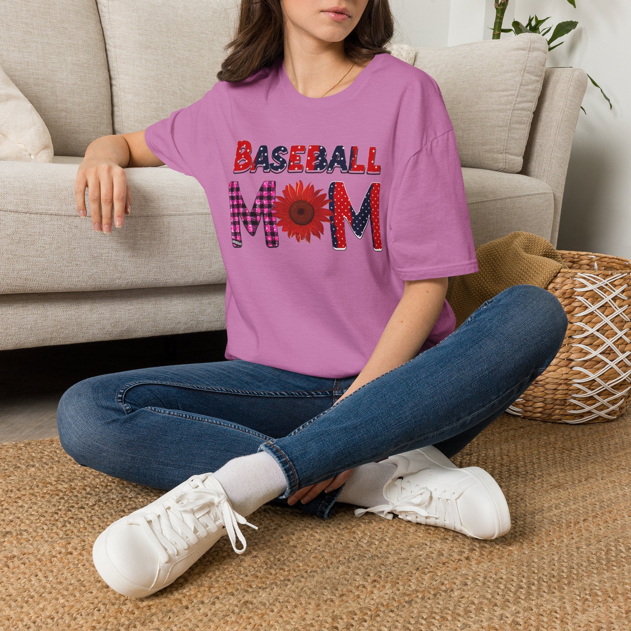 Baseball Mom T-Shirt — Floral Sunflower & Plaid Lettering