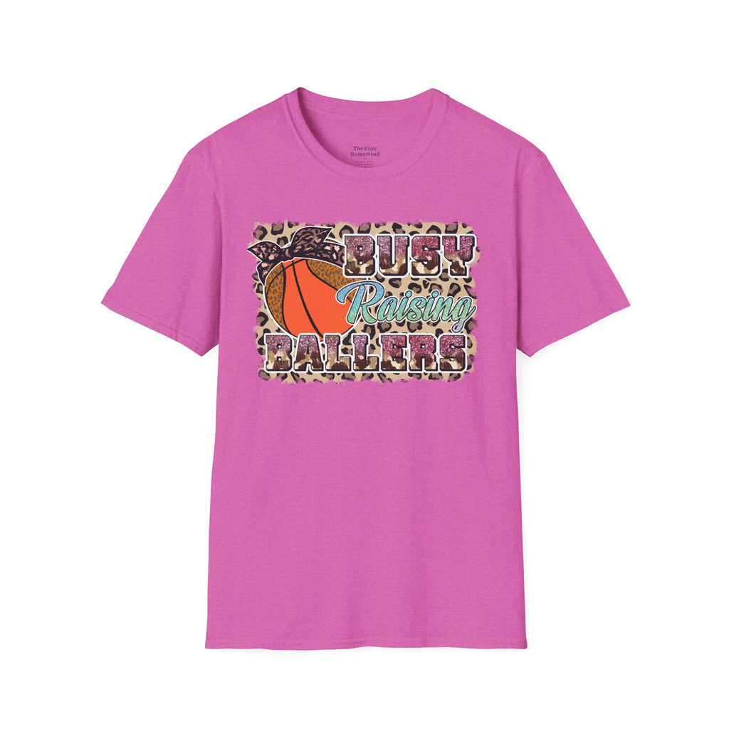 Busy Raising Ballers Basketball Mom T-Shirt — Leopard Print Hoop Design