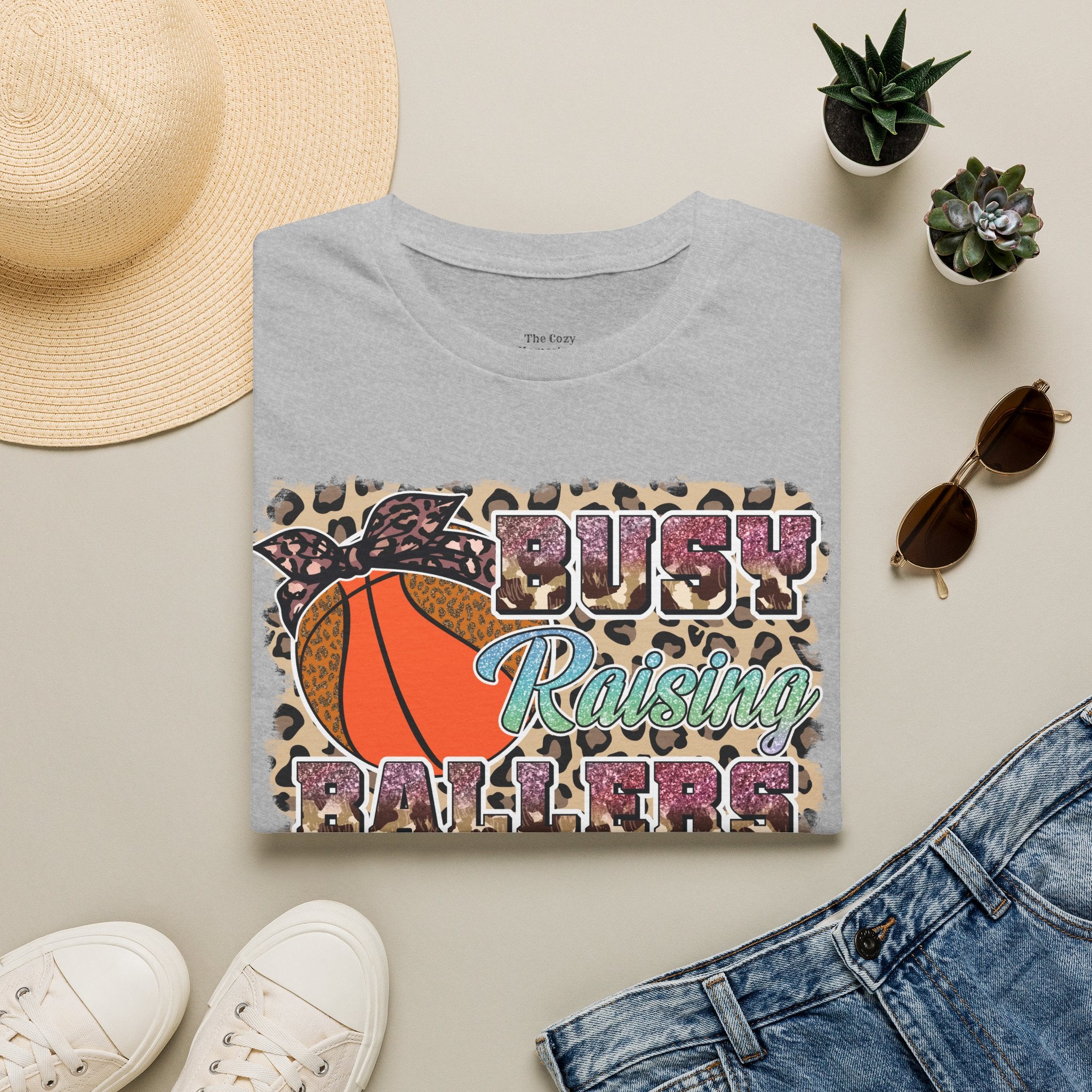 Busy Raising Ballers Basketball Mom T-Shirt — Leopard Print Hoop Design