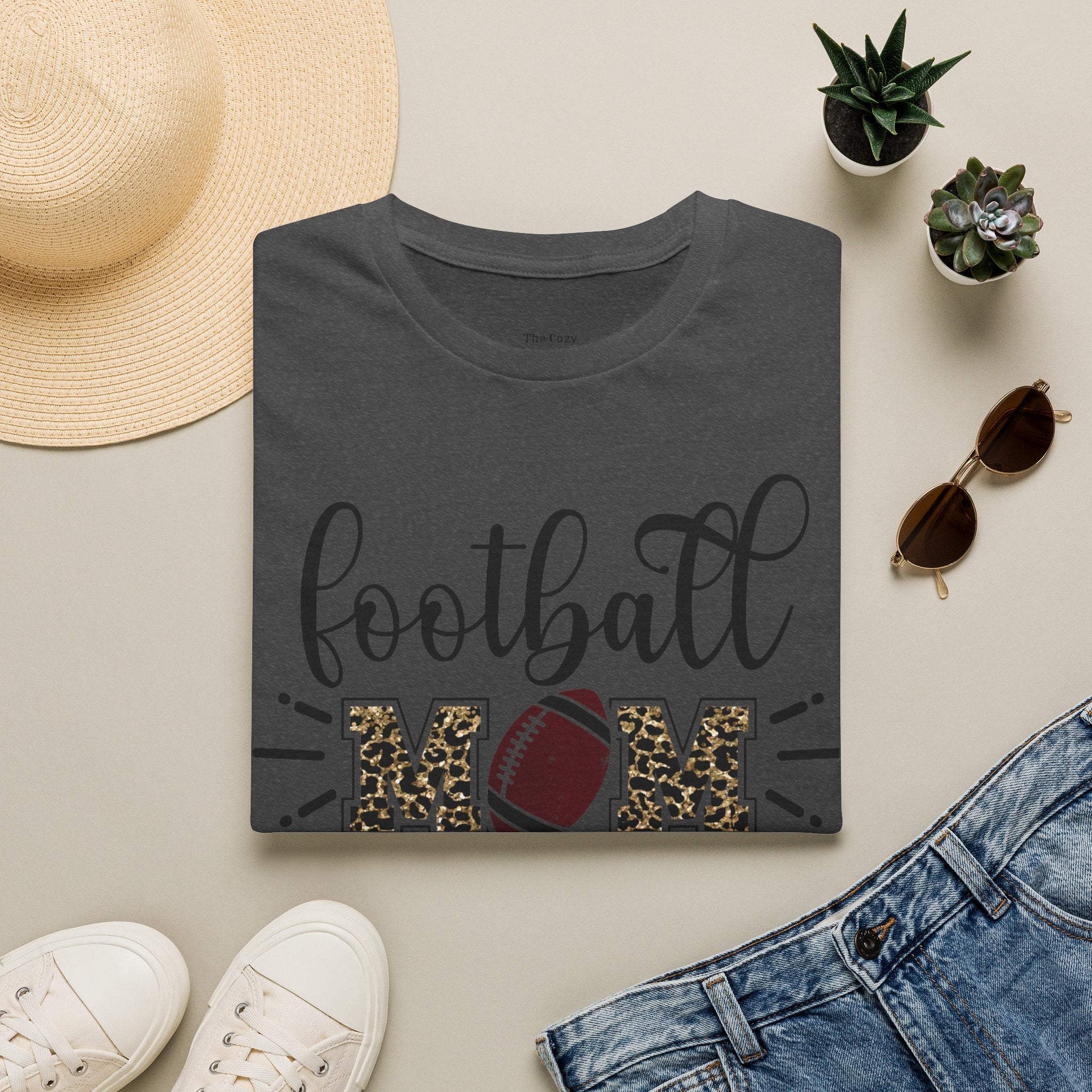 Football Mom Leopard Print Tee — Cute Script Design with Football Graphic