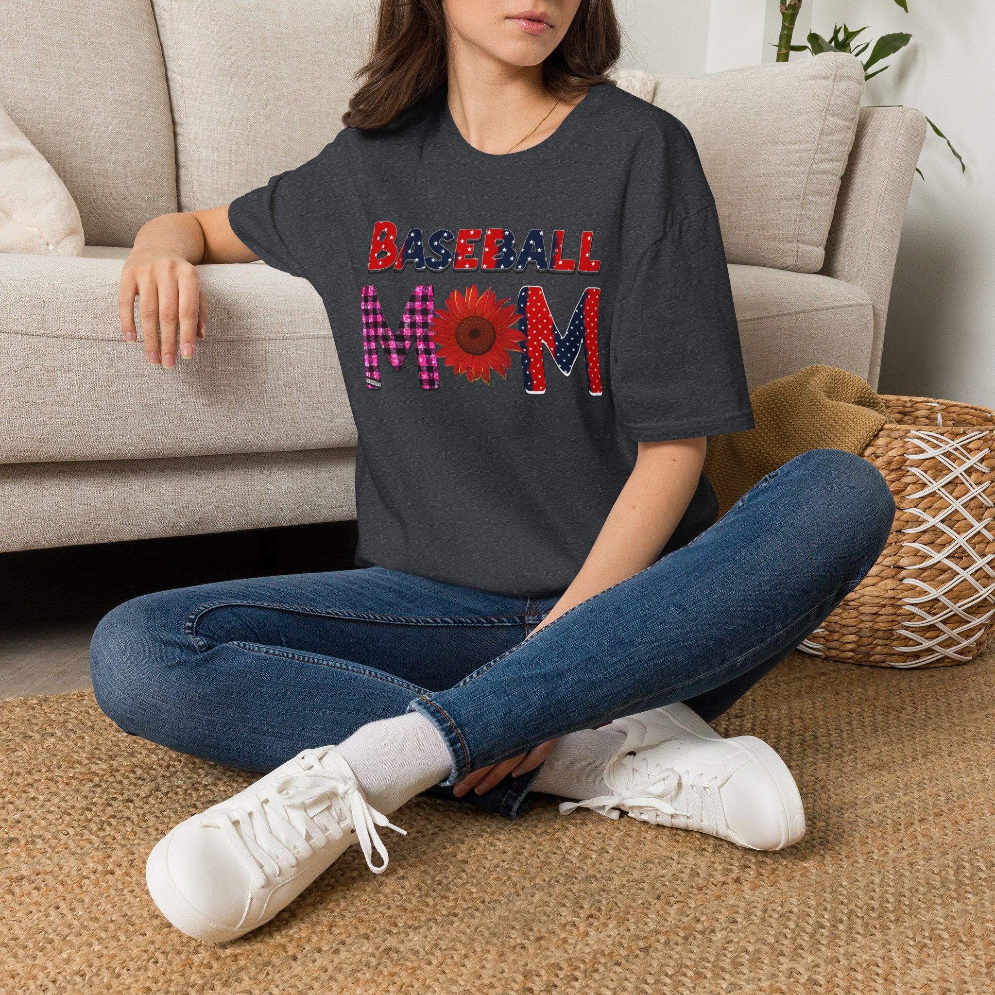 Baseball Mom T-Shirt — Floral Sunflower & Plaid Lettering