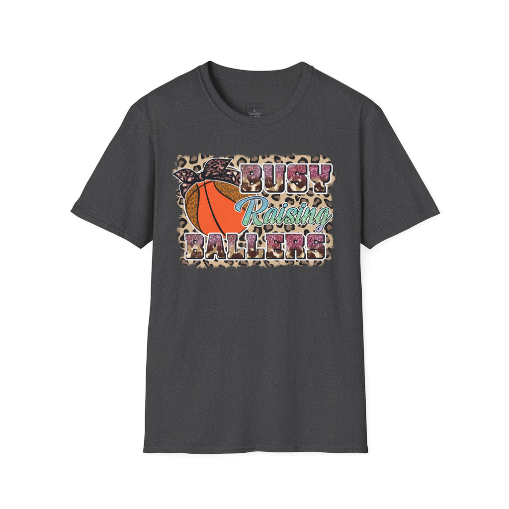 Busy Raising Ballers Basketball Mom T-Shirt — Leopard Print Hoop Design
