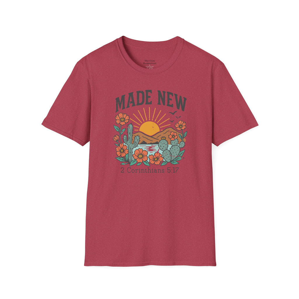 Made New T-Shirt — Vintage Desert Sunrise Christian Graphic Tee (2 Corinthians 5:17)