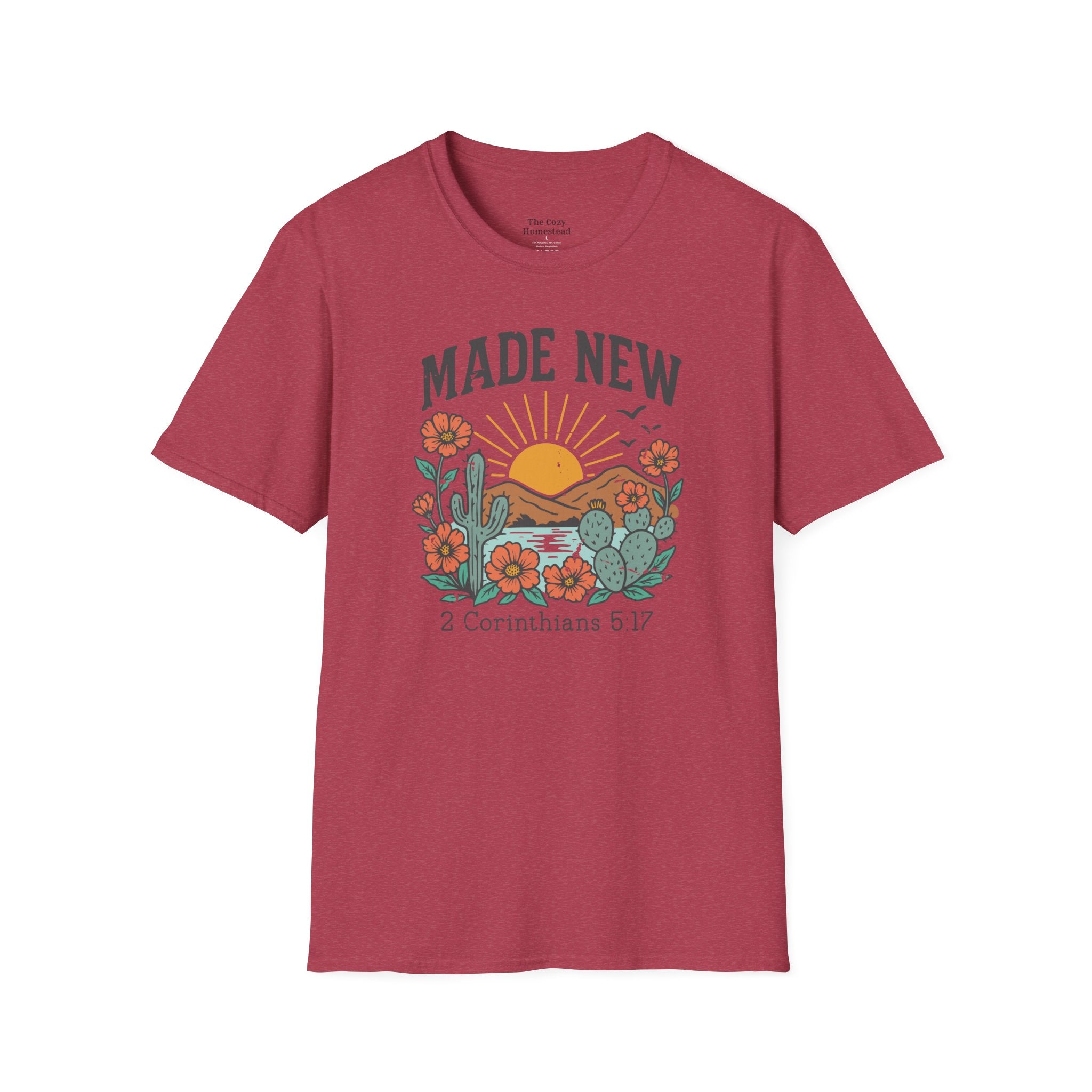 Made New T-Shirt — Vintage Desert Sunrise Christian Graphic Tee (2 Corinthians 5:17)
