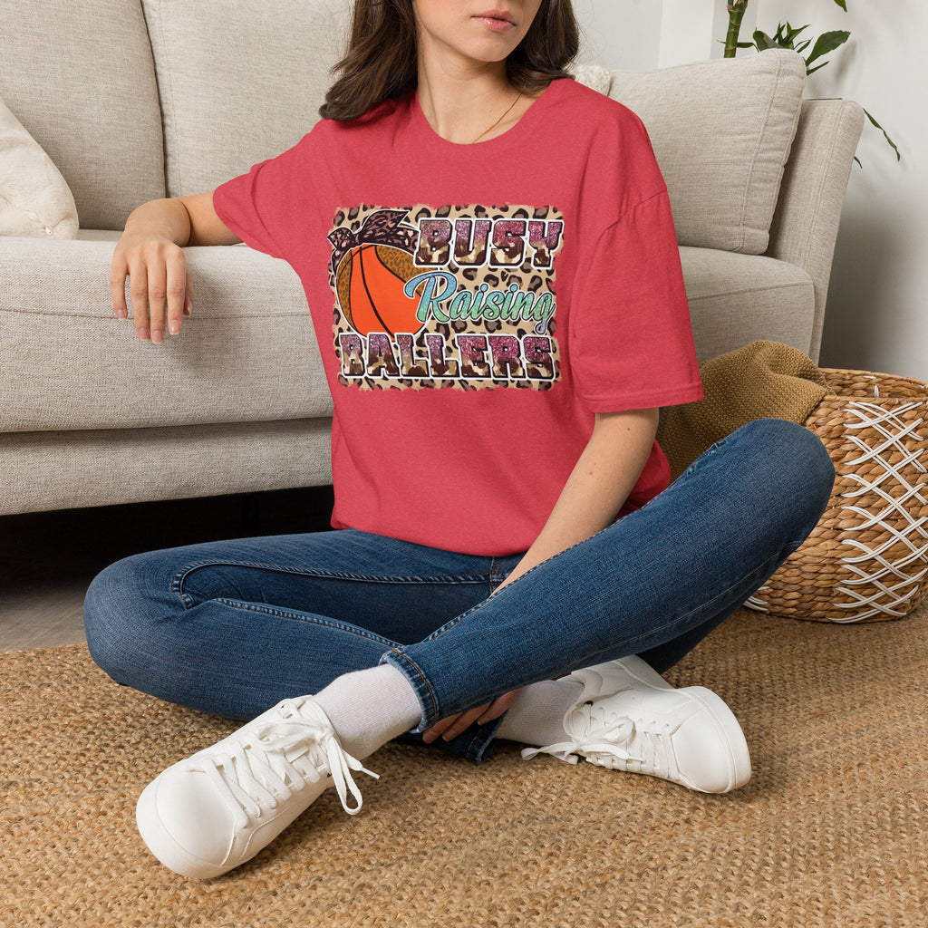 Busy Raising Ballers Basketball Mom T-Shirt — Leopard Print Hoop Design