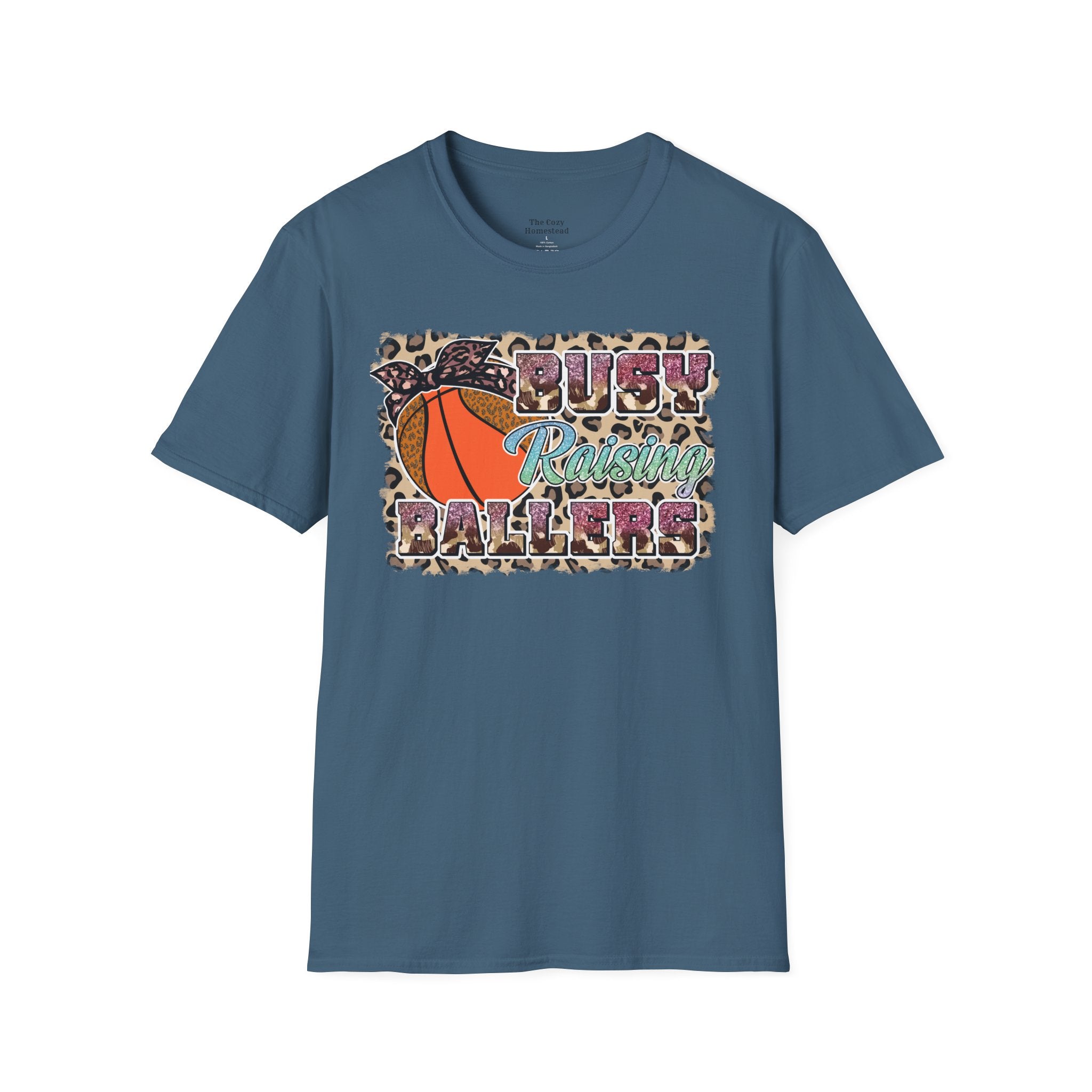 Busy Raising Ballers Basketball Mom T-Shirt — Leopard Print Hoop Design