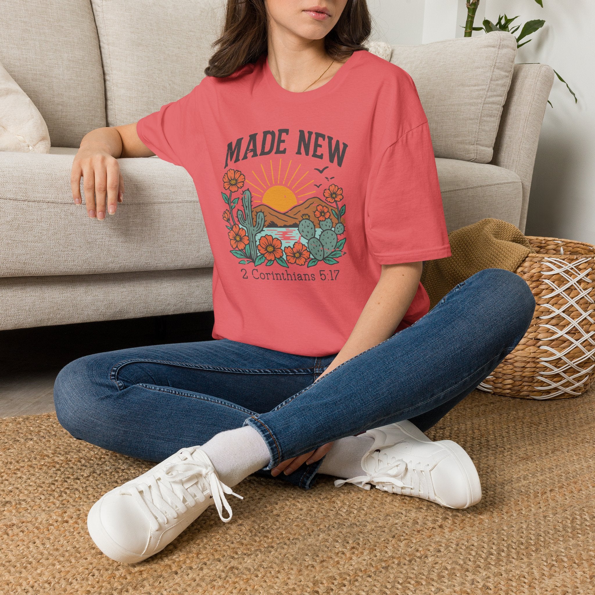 Made New T-Shirt — Vintage Desert Sunrise Christian Graphic Tee (2 Corinthians 5:17)