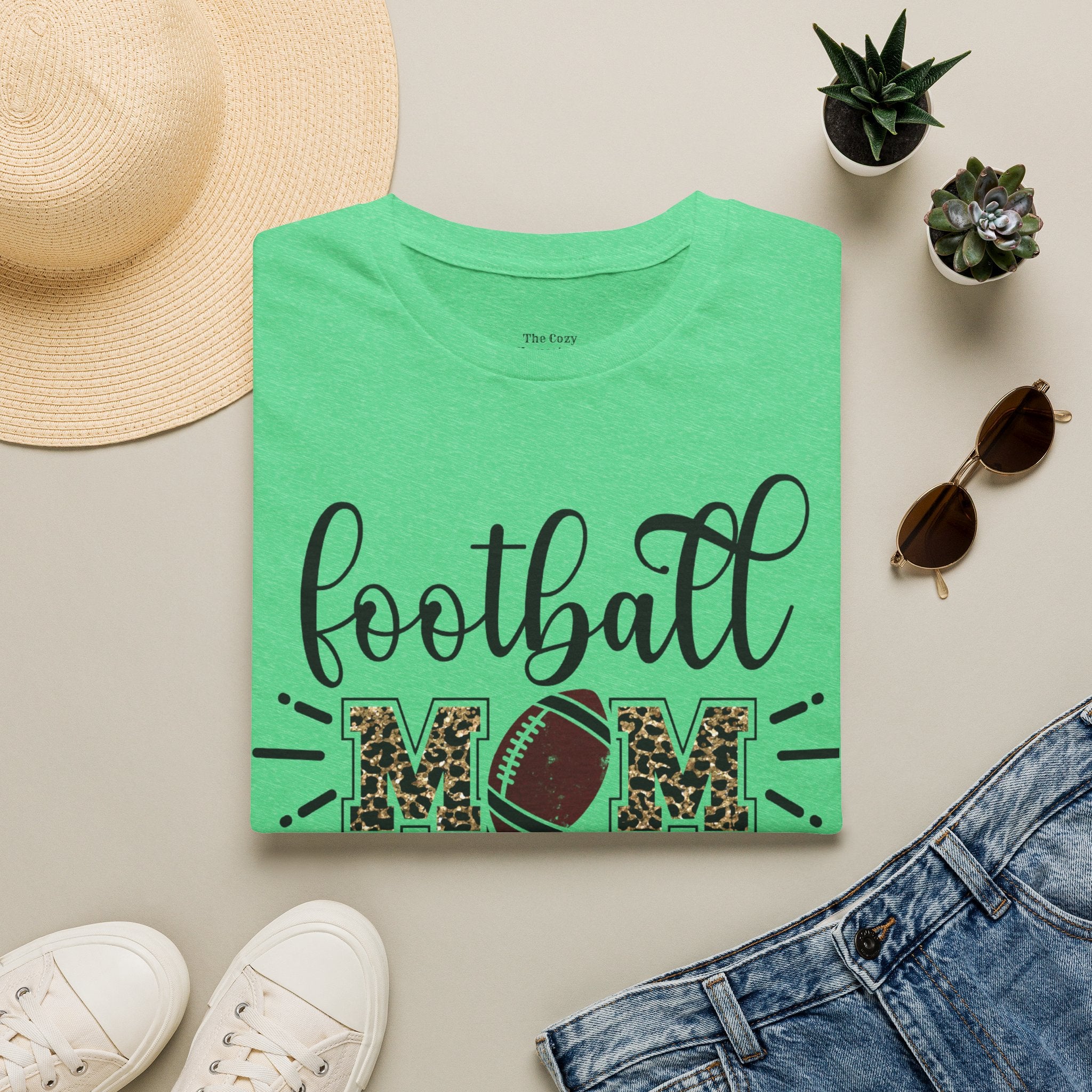 Football Mom Leopard Print Tee — Cute Script Design with Football Graphic
