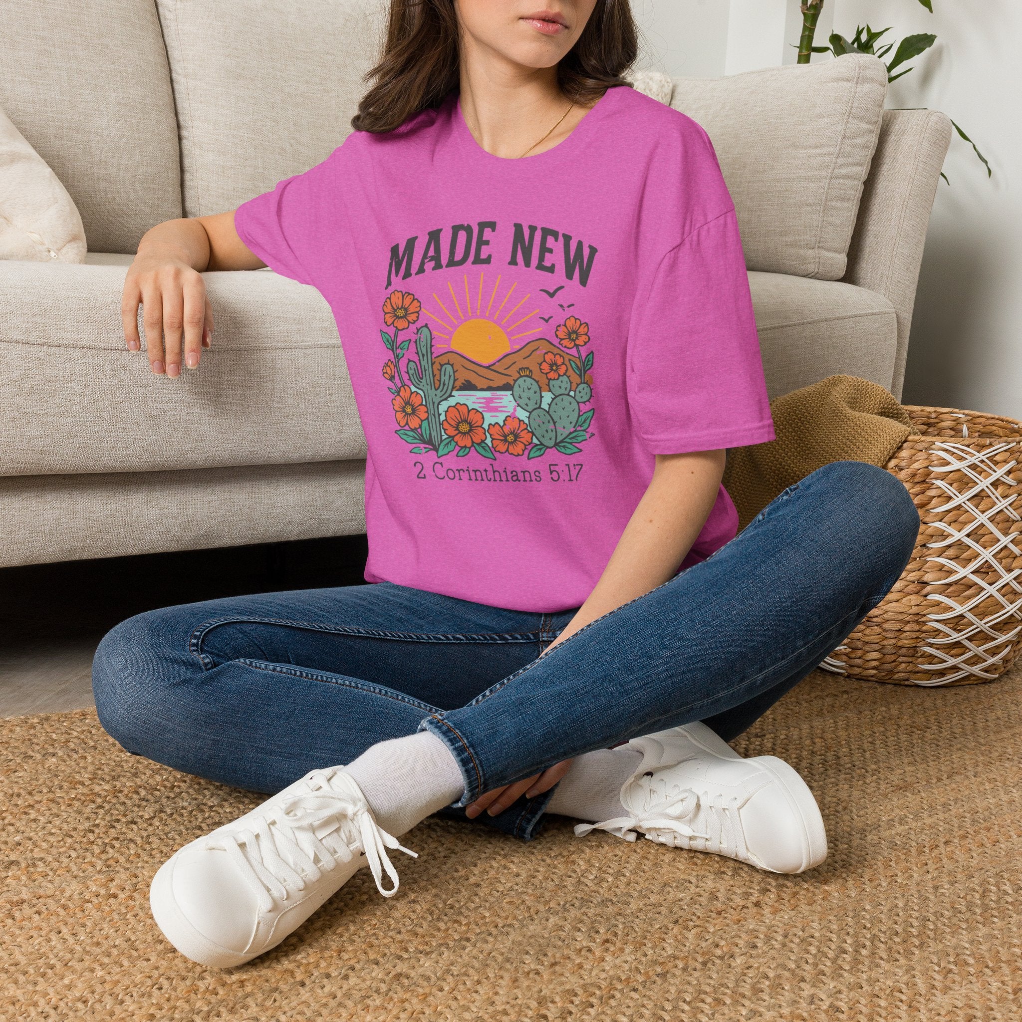Made New T-Shirt — Vintage Desert Sunrise Christian Graphic Tee (2 Corinthians 5:17)