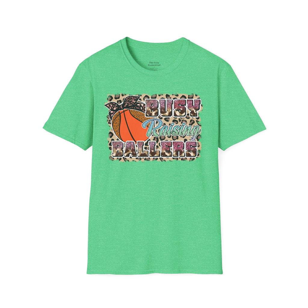 Busy Raising Ballers Basketball Mom T-Shirt — Leopard Print Hoop Design