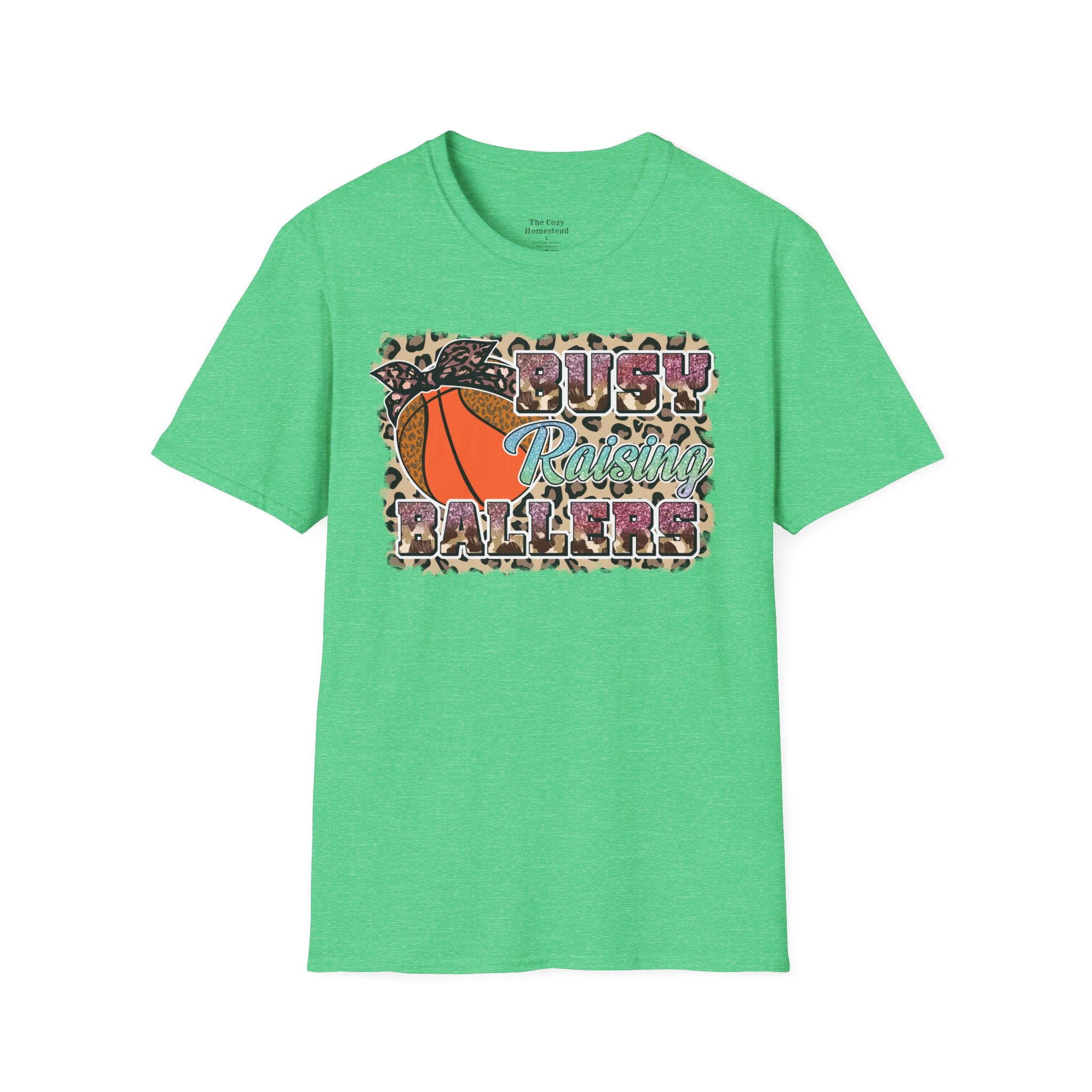 Busy Raising Ballers Basketball Mom T-Shirt — Leopard Print Hoop Design