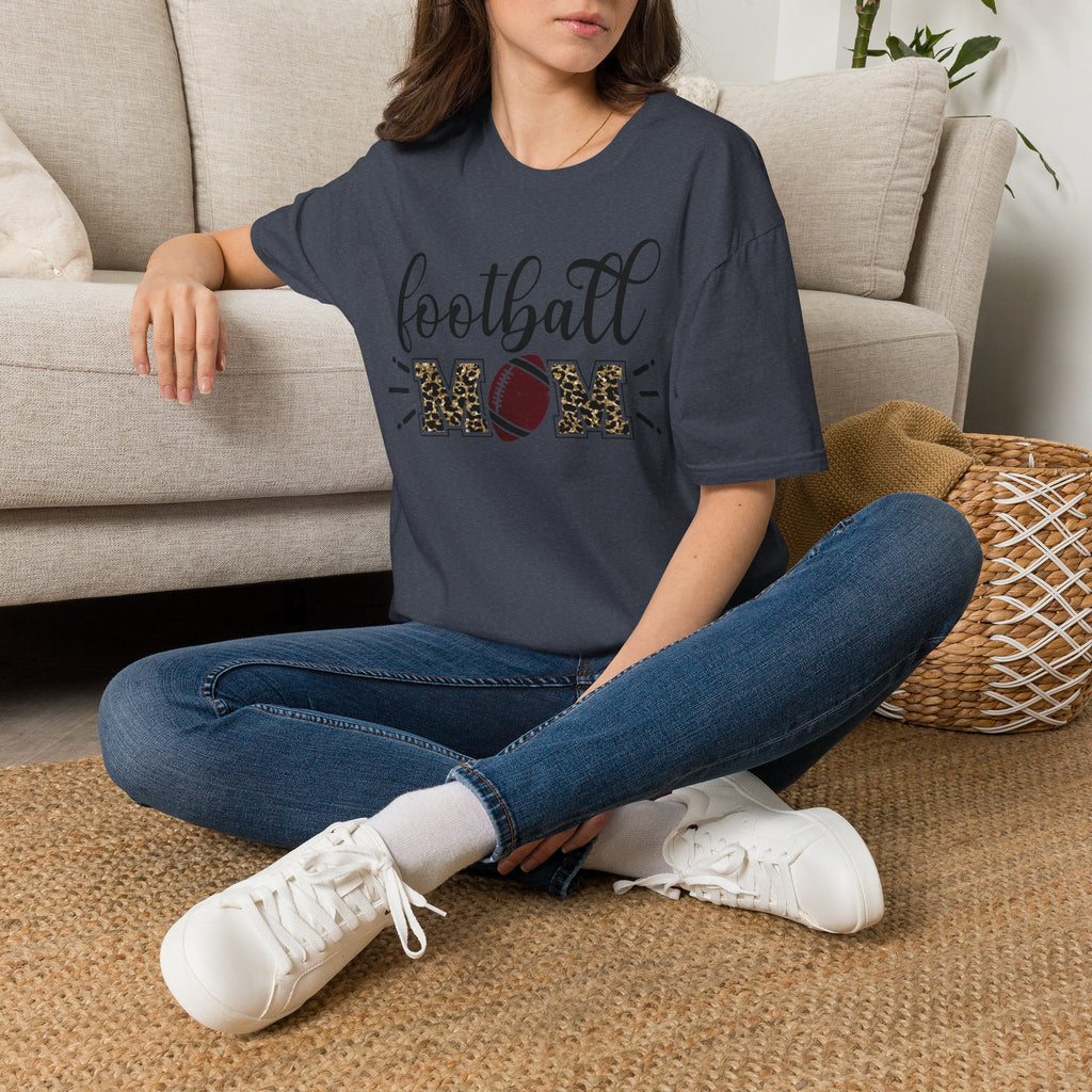 Football Mom Leopard Print Tee — Cute Script Design with Football Graphic