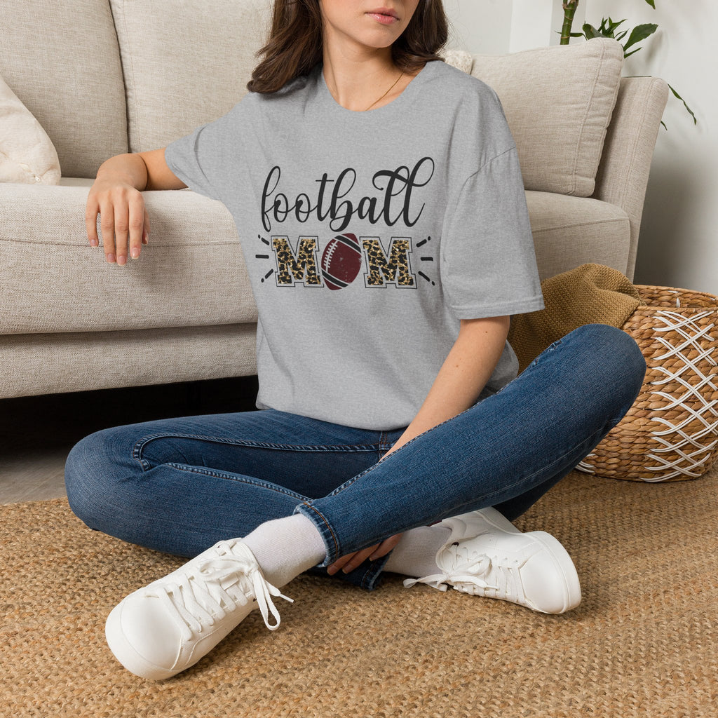 Football Mom Leopard Print Tee — Cute Script Design with Football Graphic