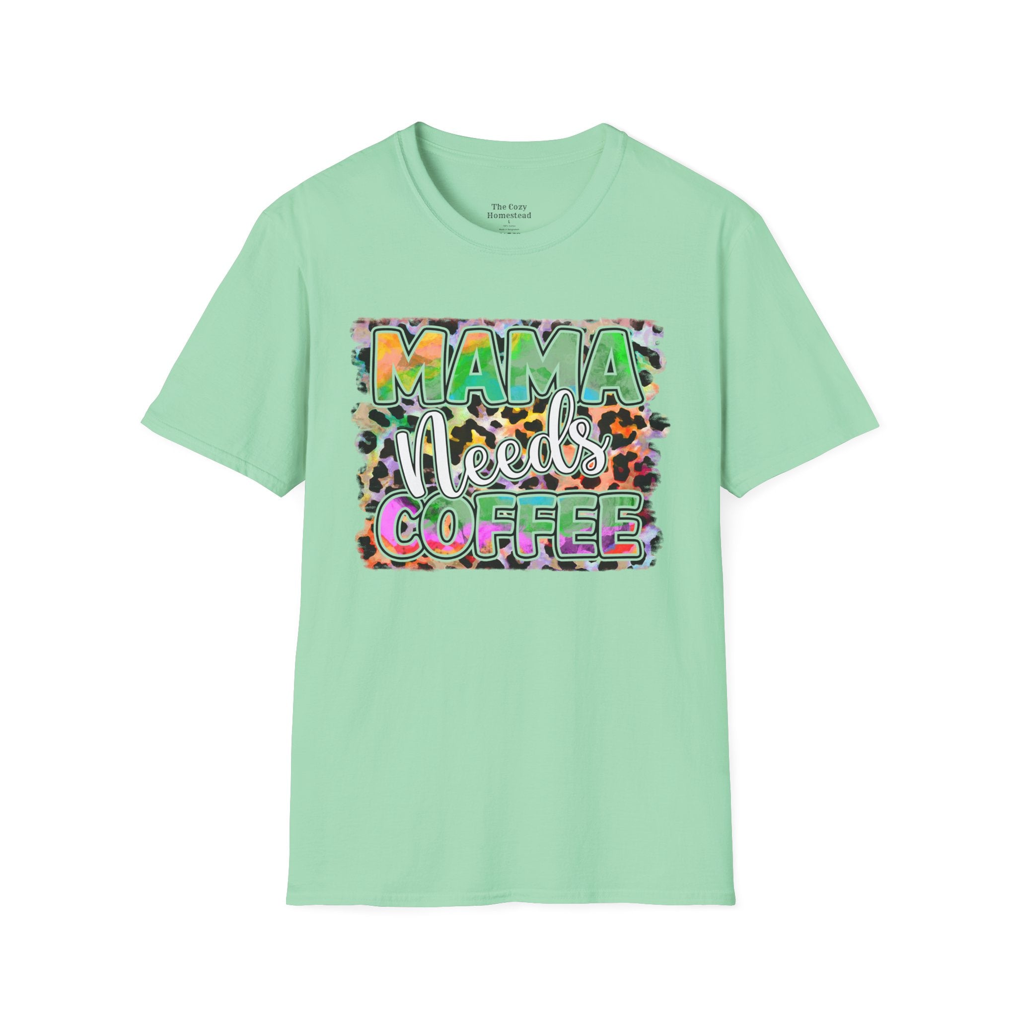 Mama Needs Coffee T-Shirt — Colorful Leopard Print Mom Coffee Tee