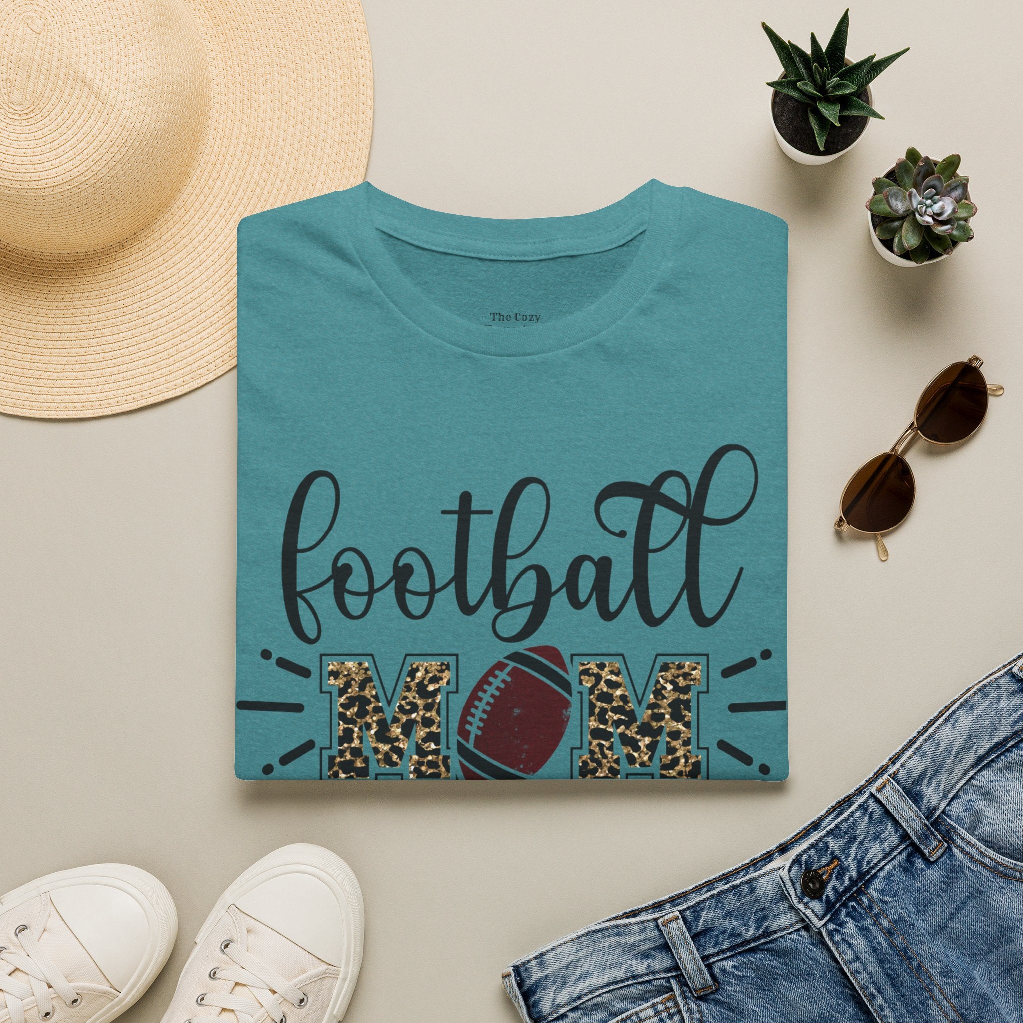 Football Mom Leopard Print Tee — Cute Script Design with Football Graphic